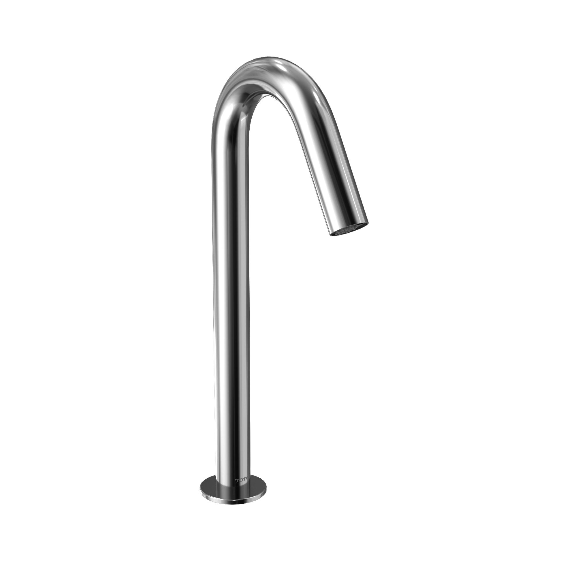 Polished chrome curved vessel faucet with tall arched spout and round base mount.