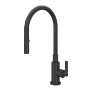 Matte black pull-down kitchen faucet with arched spout and single side handle.