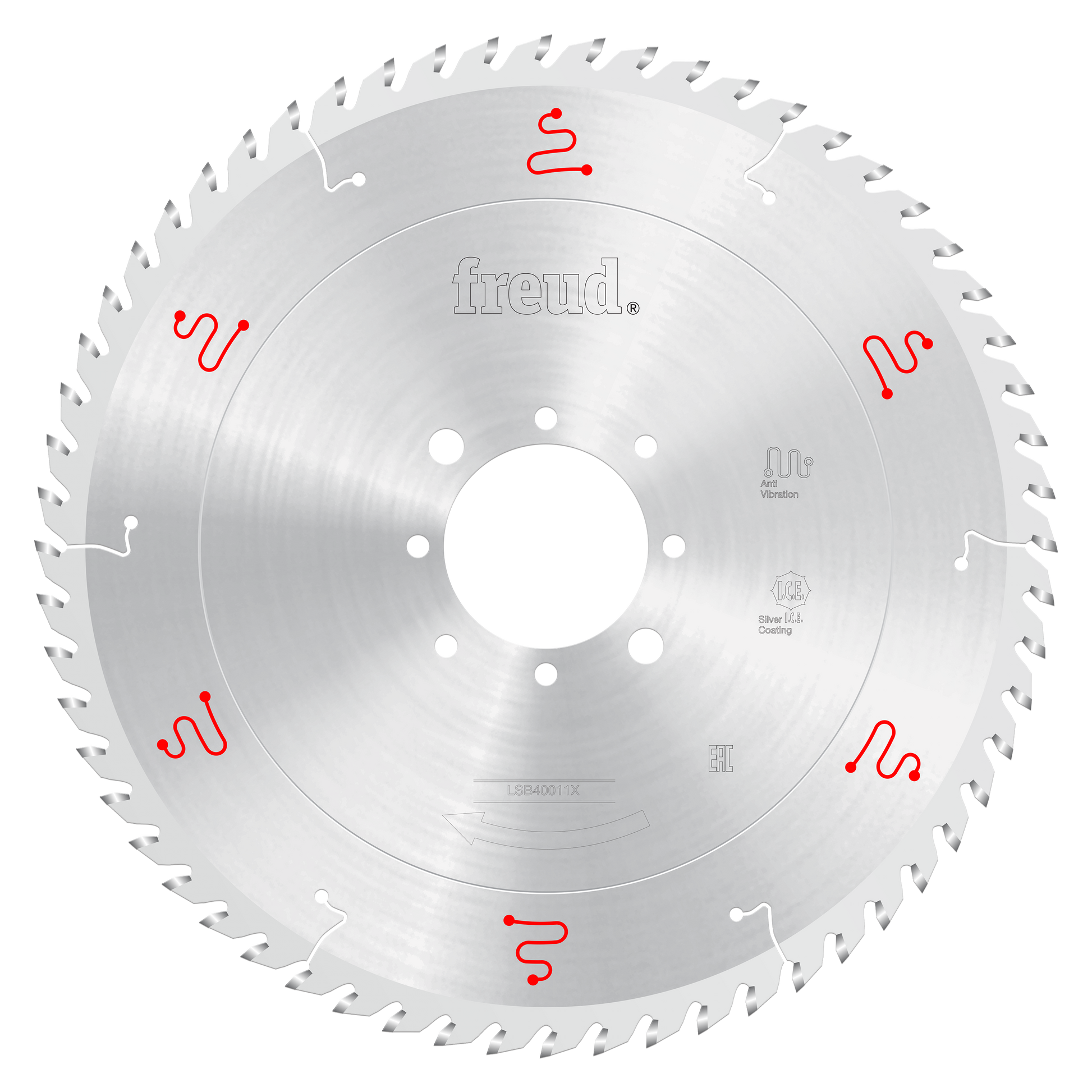 Freud 400mm circular saw blade with silver coating, white center hole, and red manufacturer markings around the perimeter.