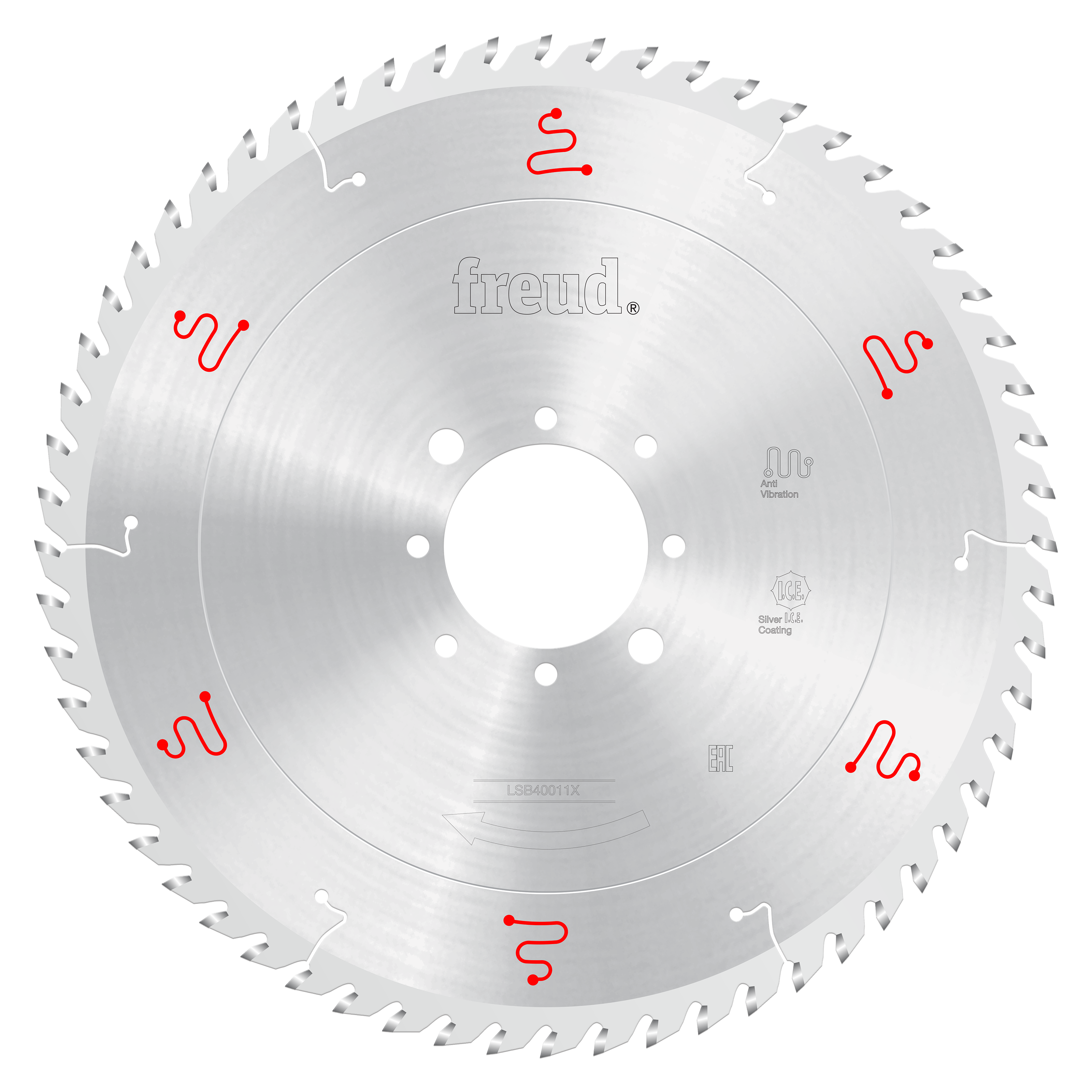 Freud 400mm circular saw blade with silver coating, white center hole, and red manufacturer markings around the perimeter.
