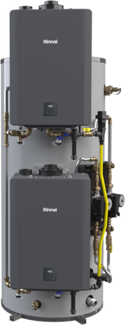Rinnai hybrid water heater system with stacked gray tanks, brass fittings, and yellow piping connections.