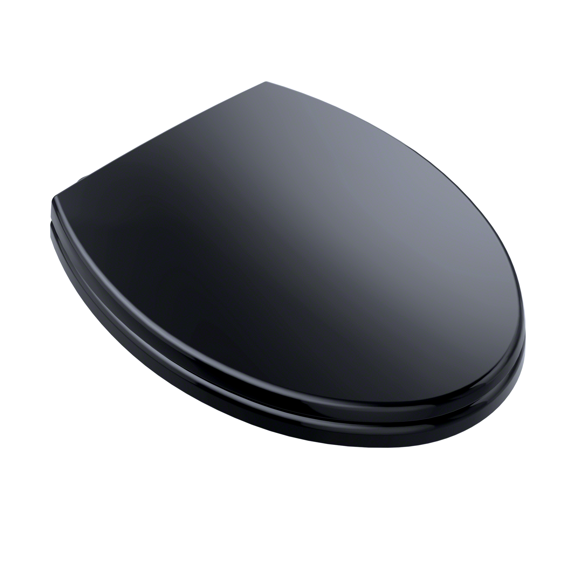 Ebony elongated toilet seat and lid with soft-close mechanism in closed position.