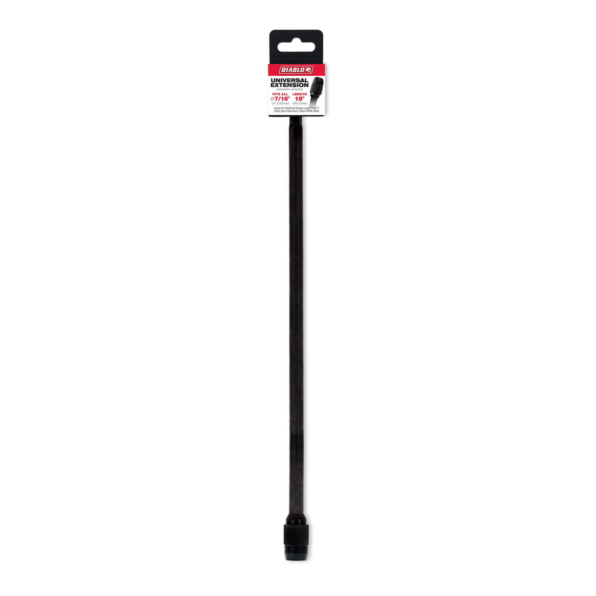 Black Diablo universal extension rod with packaging label at top and threaded connector at bottom.