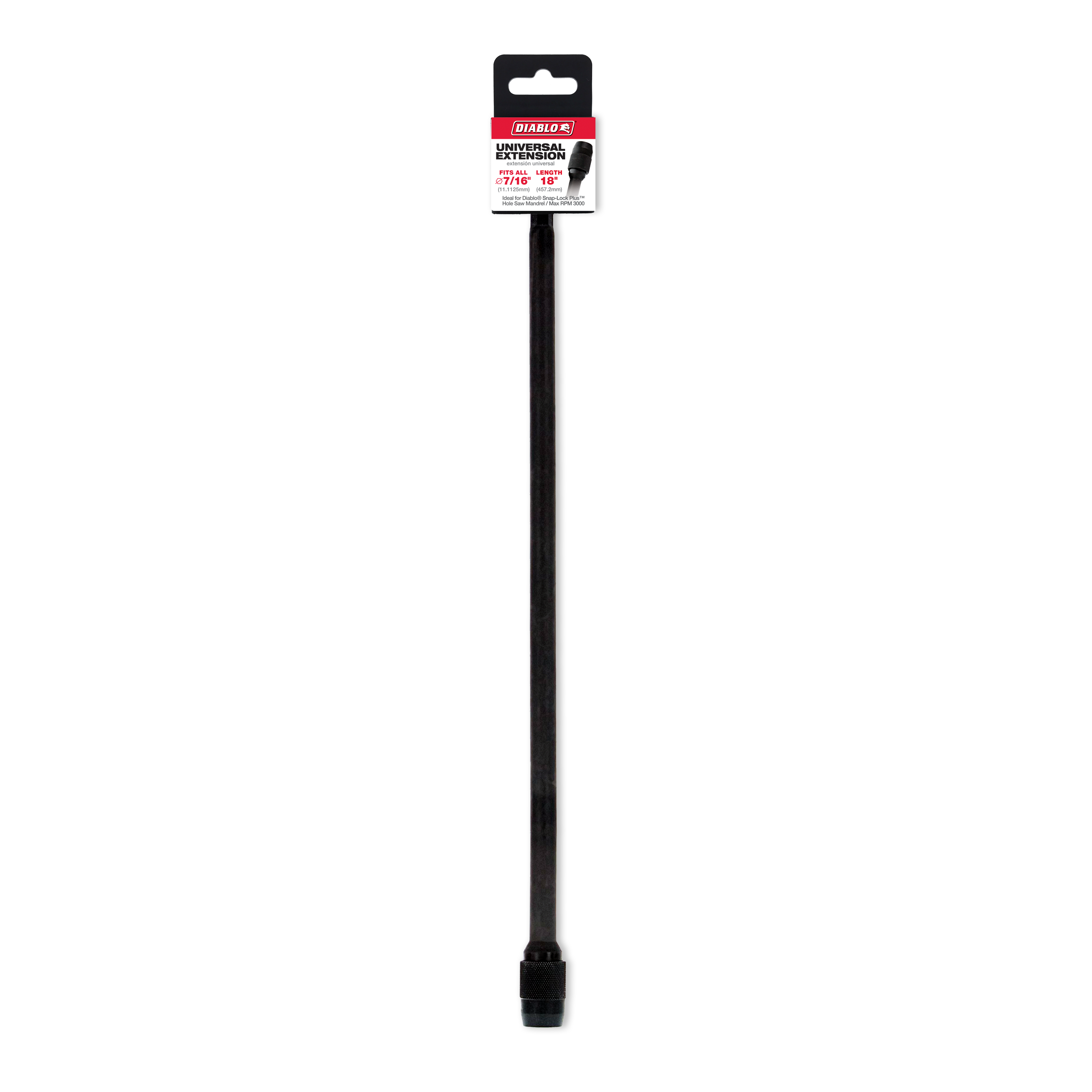 Black Diablo universal extension rod with packaging label at top and threaded connector at bottom.