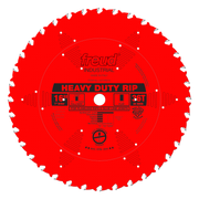 Red circular saw blade with white teeth around the perimeter, center arbor hole, and black text labeling "Heavy Duty Rip" and