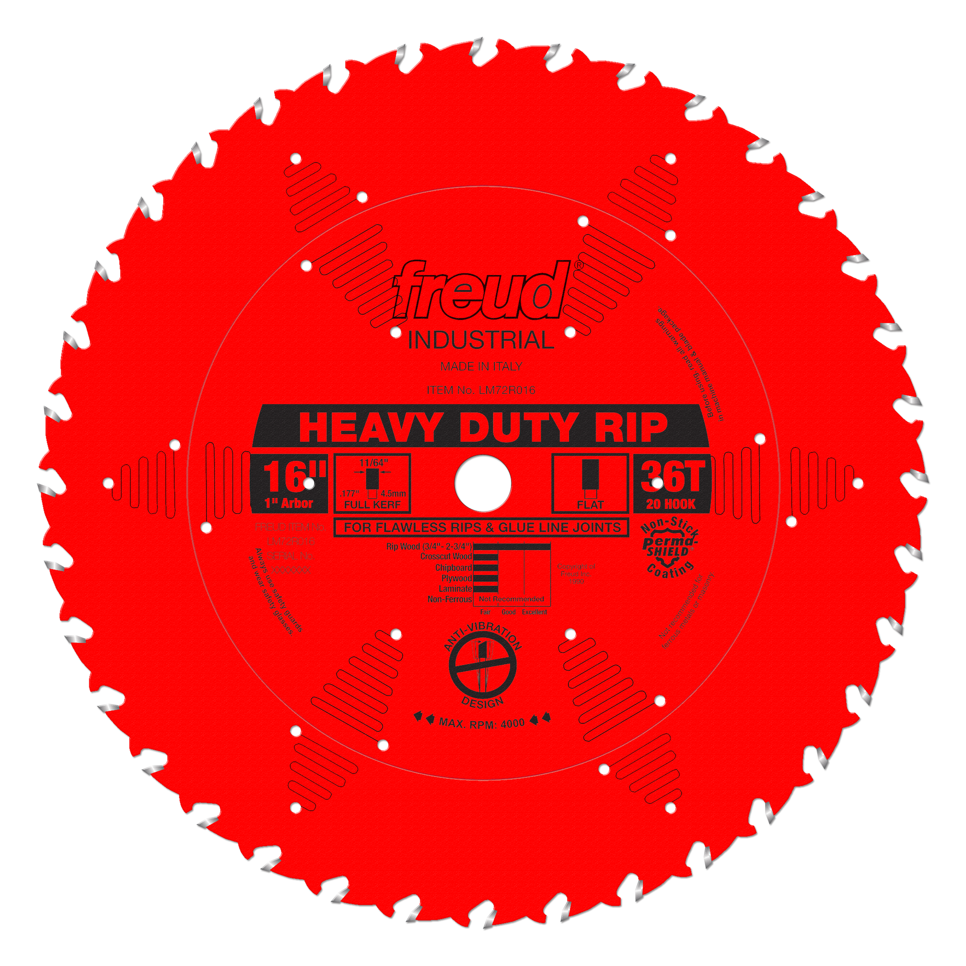 Red circular saw blade with white teeth around the perimeter, center arbor hole, and black text labeling "Heavy Duty Rip" and