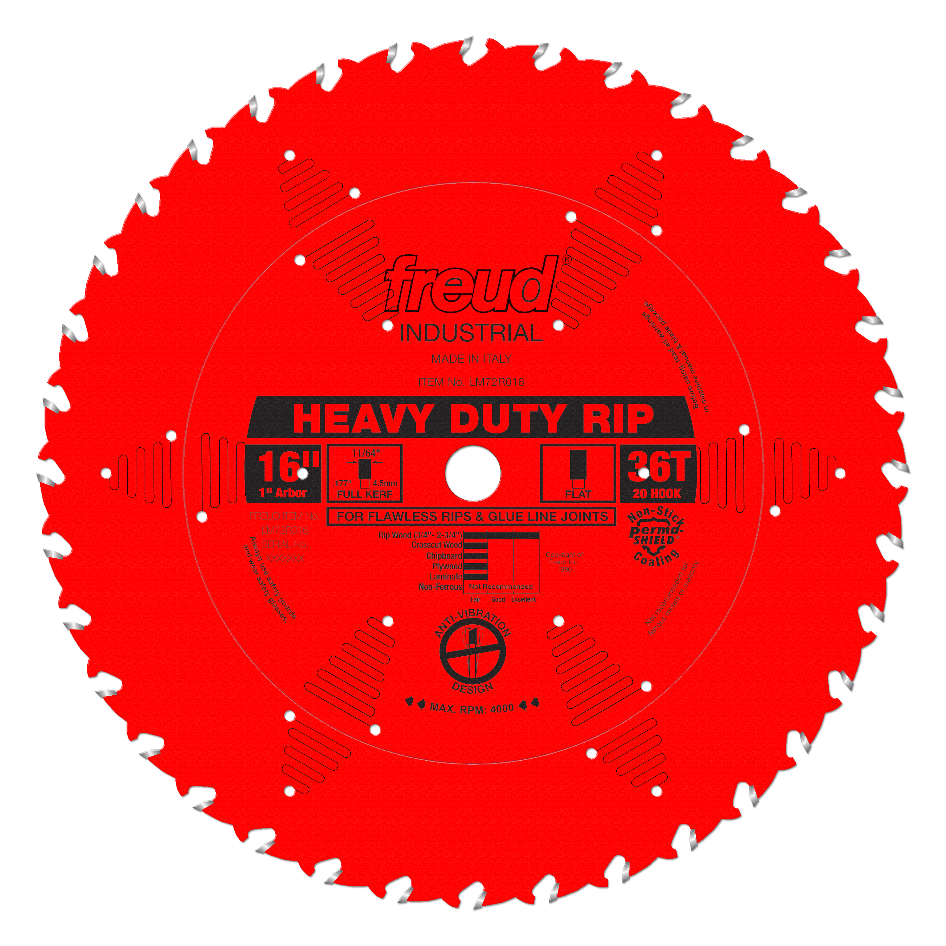 Red circular saw blade with white teeth around the perimeter, center arbor hole, and black text labeling "Heavy Duty Rip" and