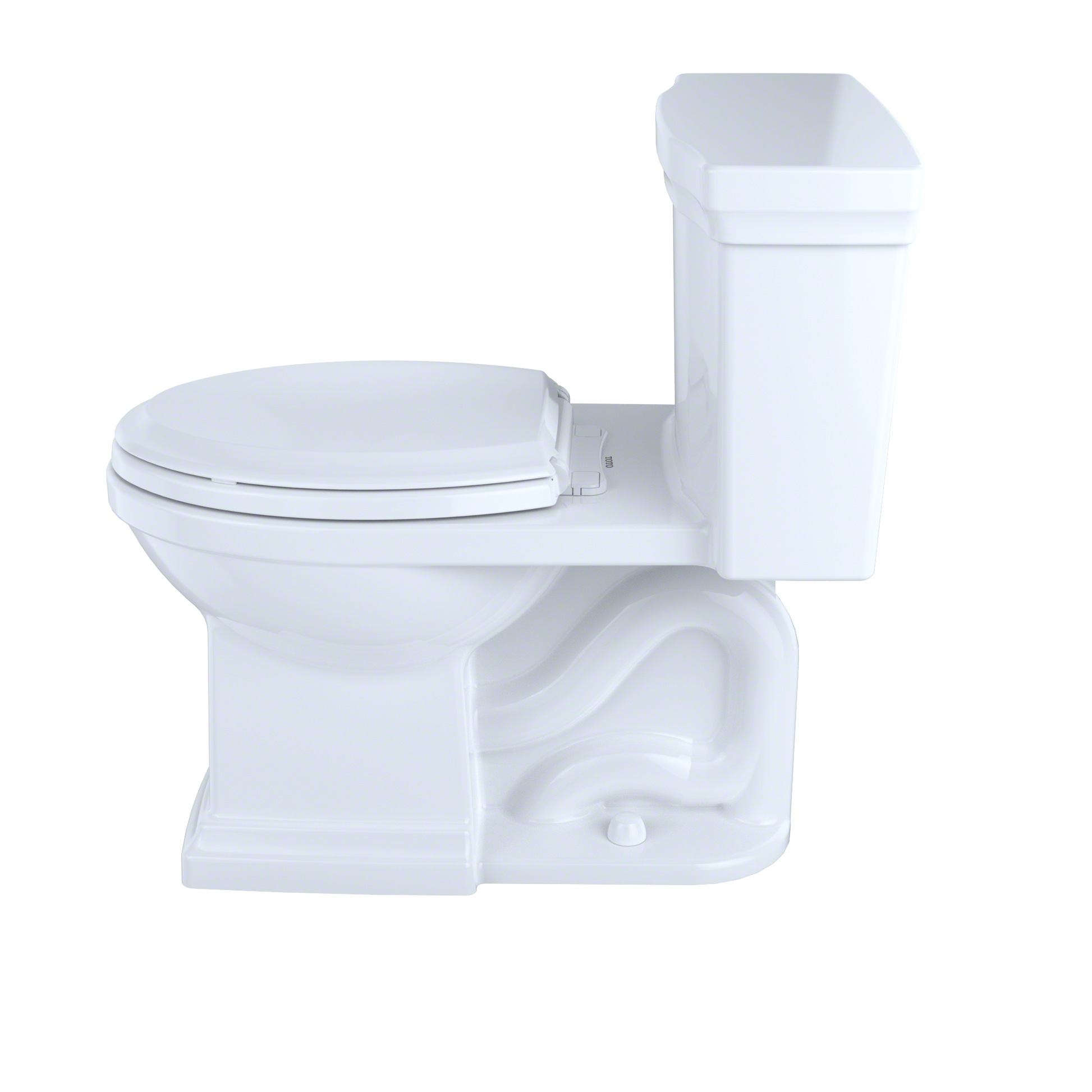 White one-piece elongated toilet with soft-close seat and integrated tank.