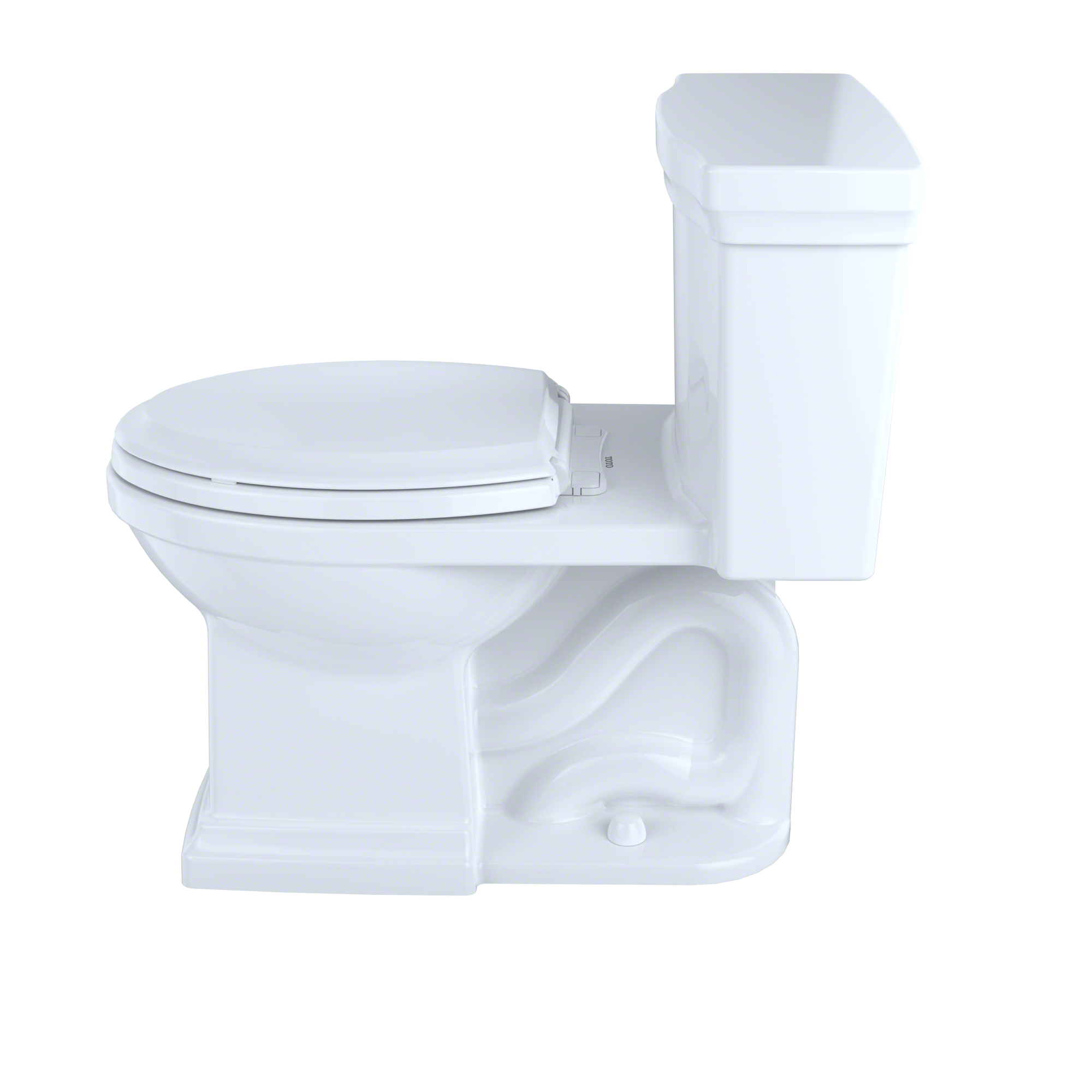 White one-piece elongated toilet with closed soft-close seat and integrated tank.