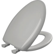 Silver elongated toilet seat with white hinges and fastening hardware visible on underside.