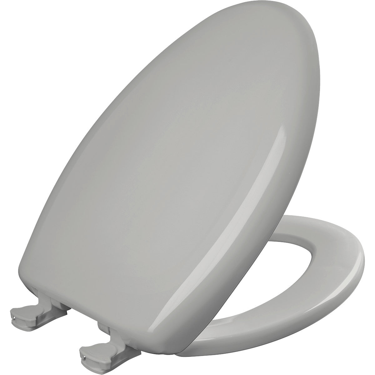 Silver elongated toilet seat with white hinges and fastening hardware visible on underside.