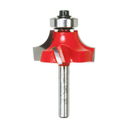 Red and silver rounding over router bit with metal shank and bearing collar.
