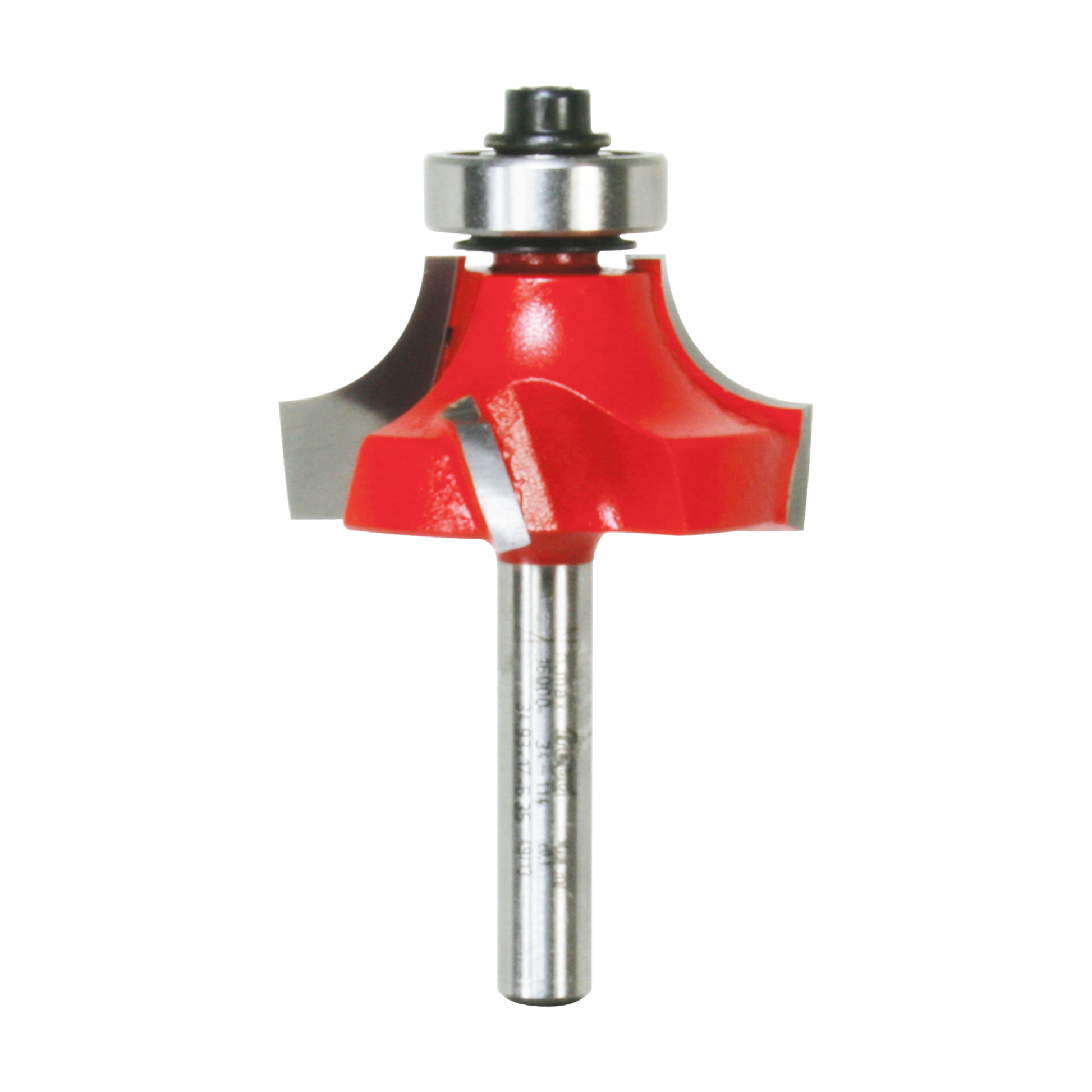 Red and silver rounding over router bit with metal shank and bearing collar.