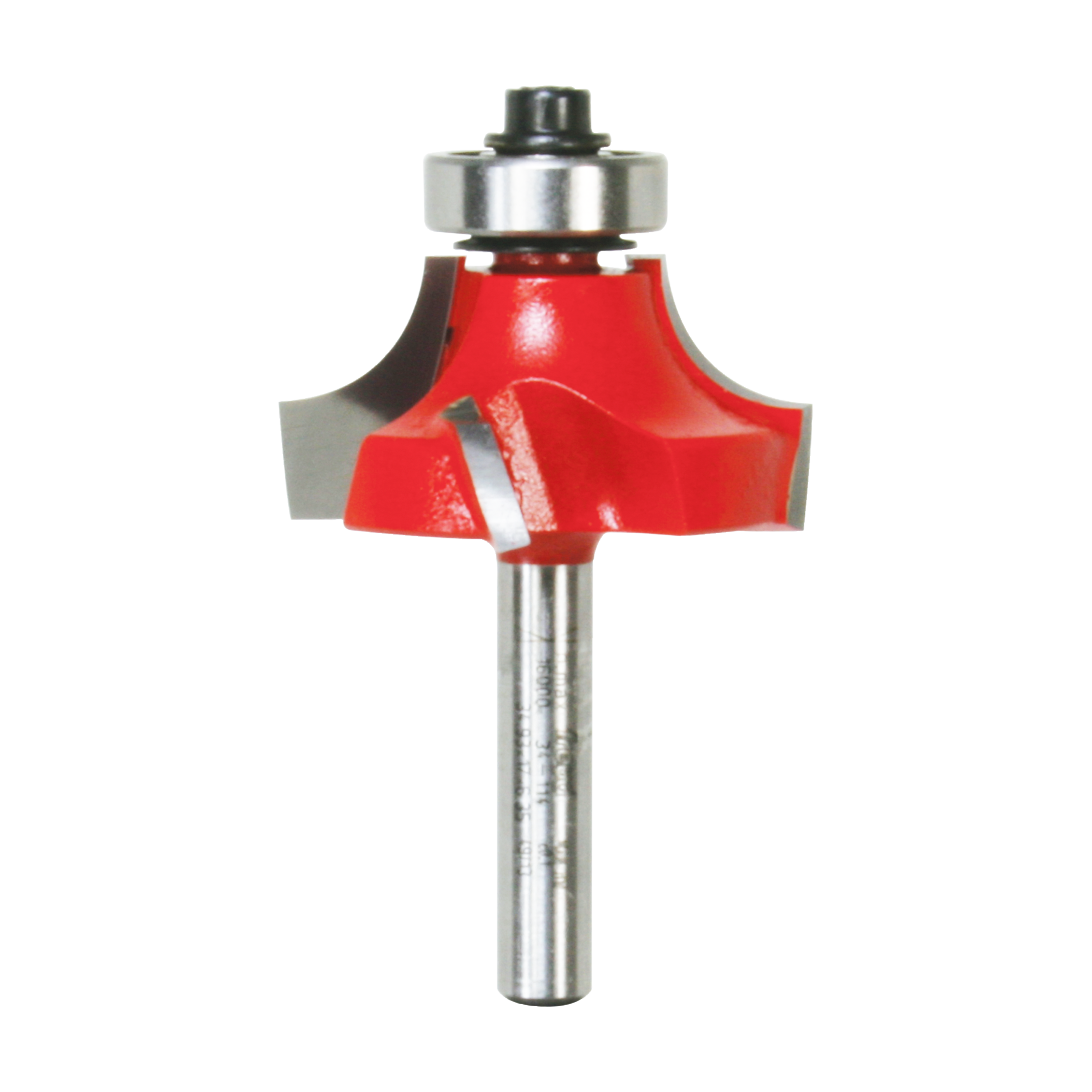 Red and silver rounding over router bit with metal shank and bearing collar.