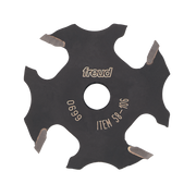 Black slotting cutter with four carbide cutting wings and center hole, marked Freud item 58-106.