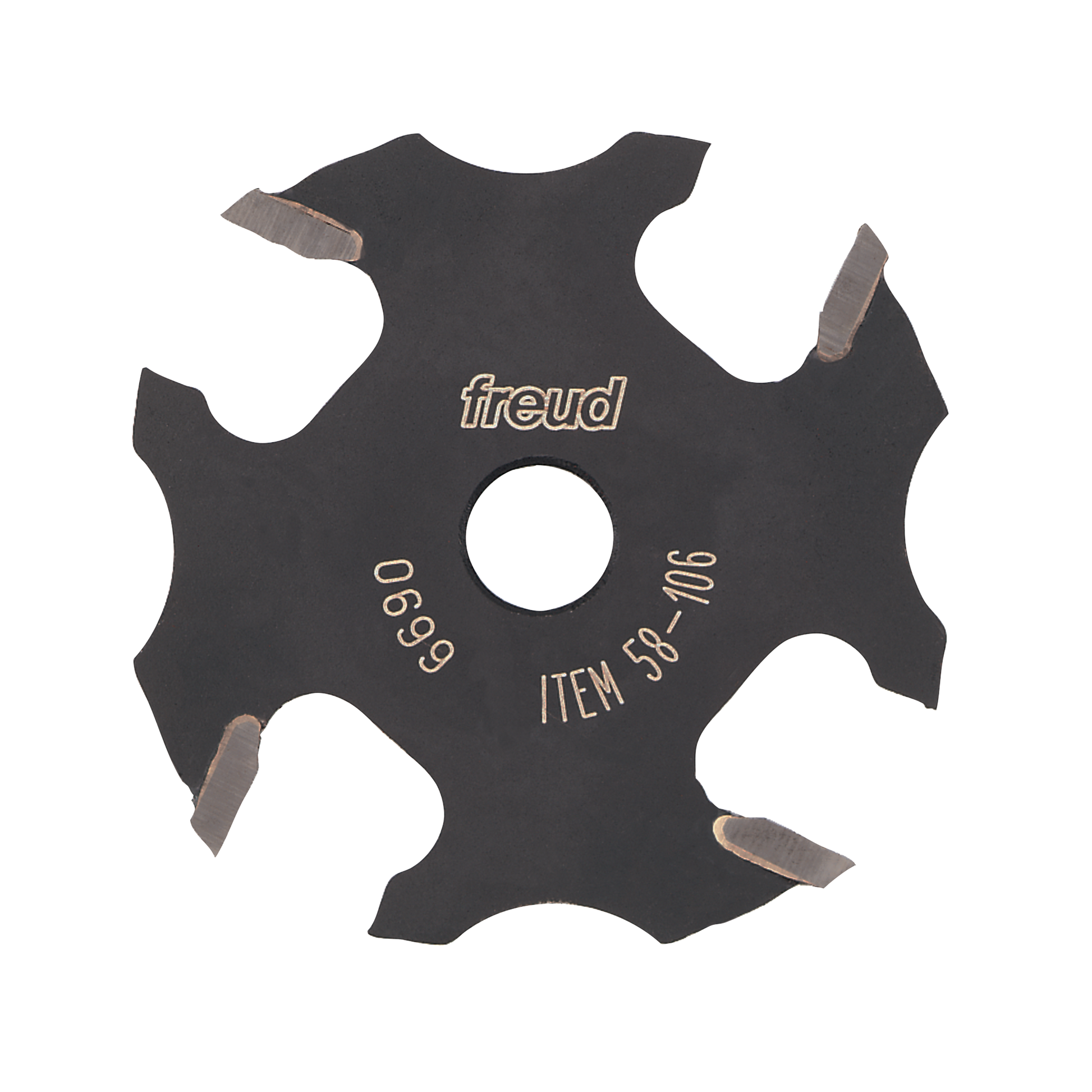Black slotting cutter with four carbide cutting wings and center hole, marked Freud item 58-106.