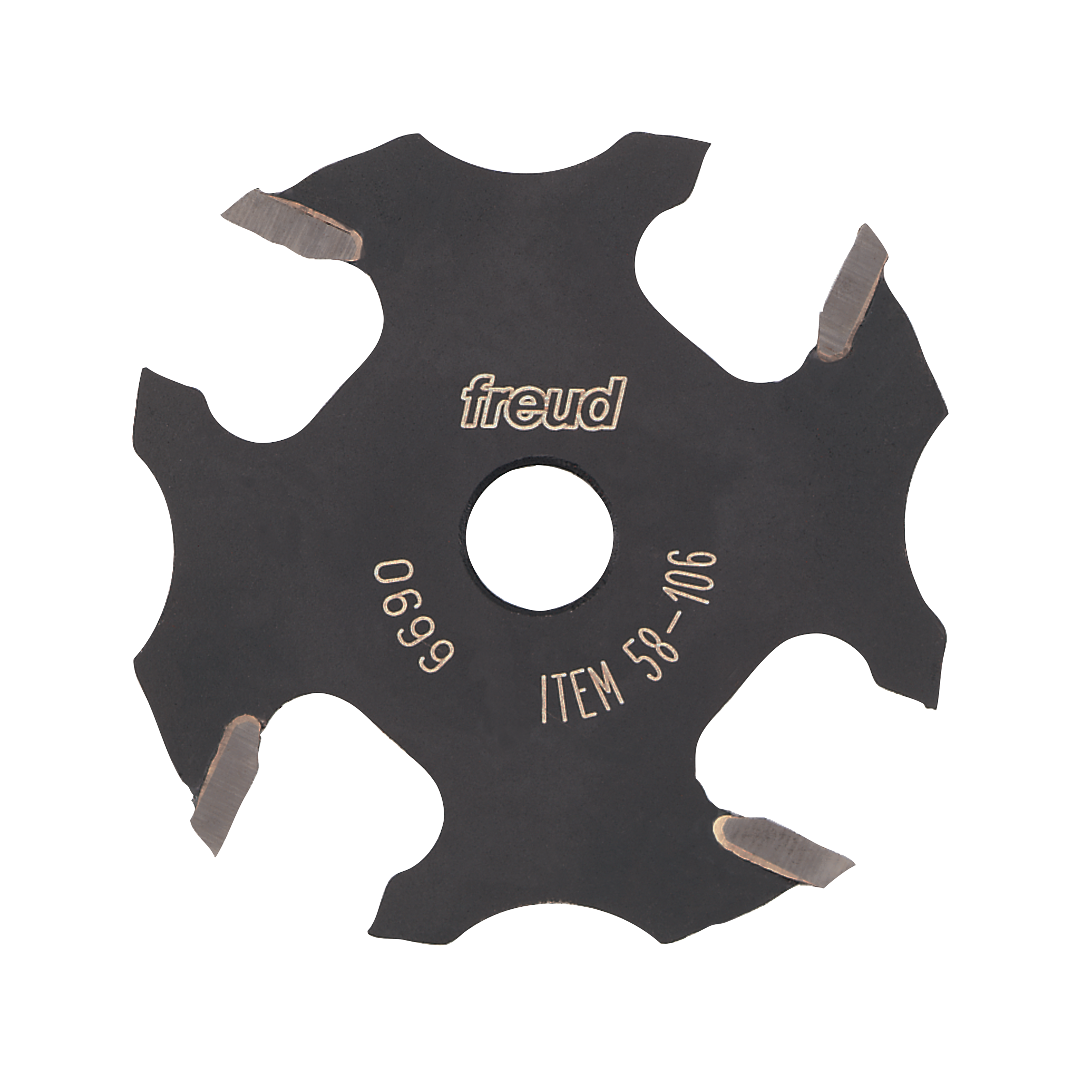 Black slotting cutter with four carbide cutting wings and center hole, marked Freud item 58-106.