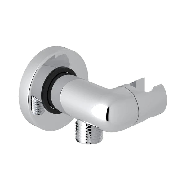 Polished chrome hand shower outlet with cylindrical holder and mounting bracket with threaded ports.