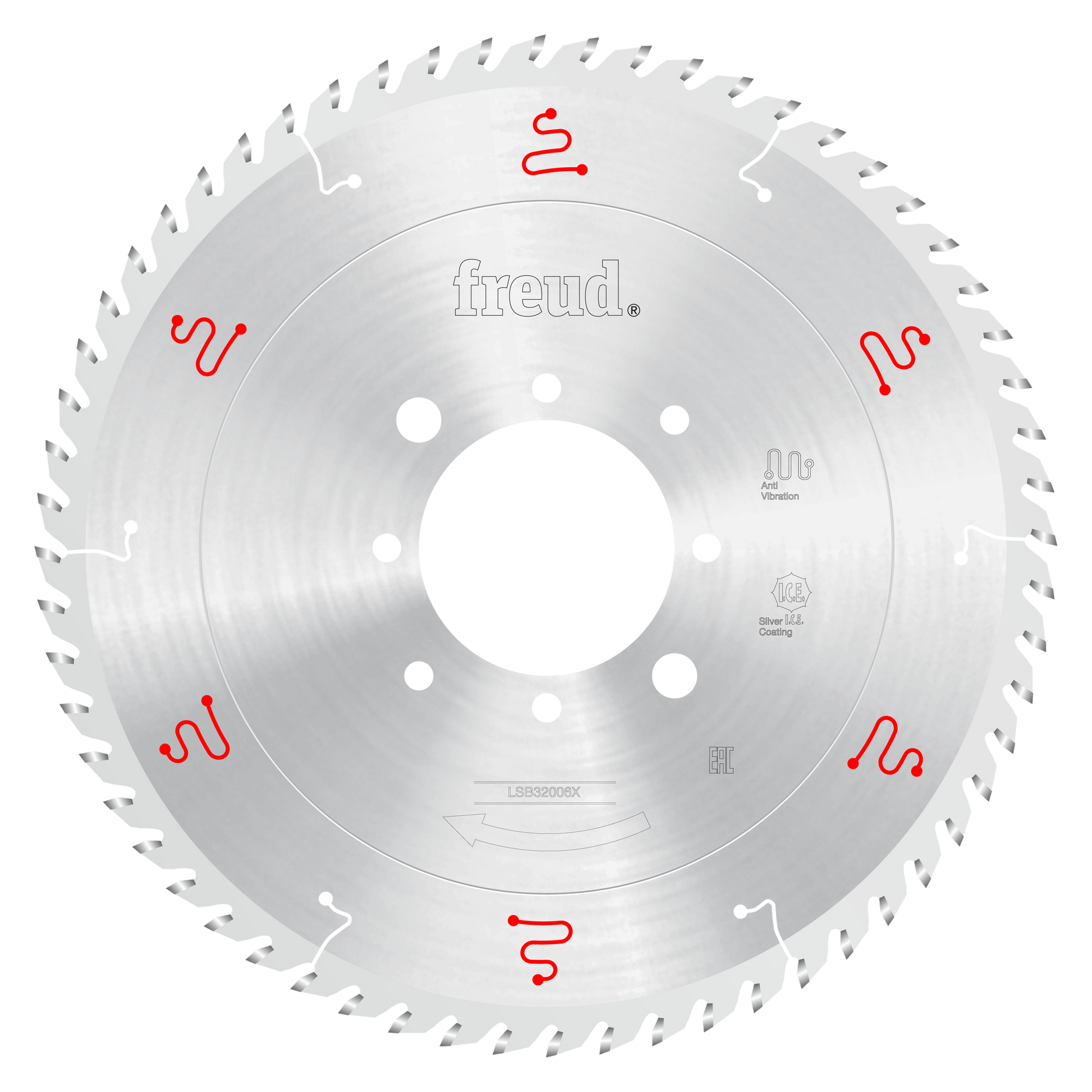 Freud 320mm circular saw blade with silver coating and multiple cutting teeth arranged around the perimeter.