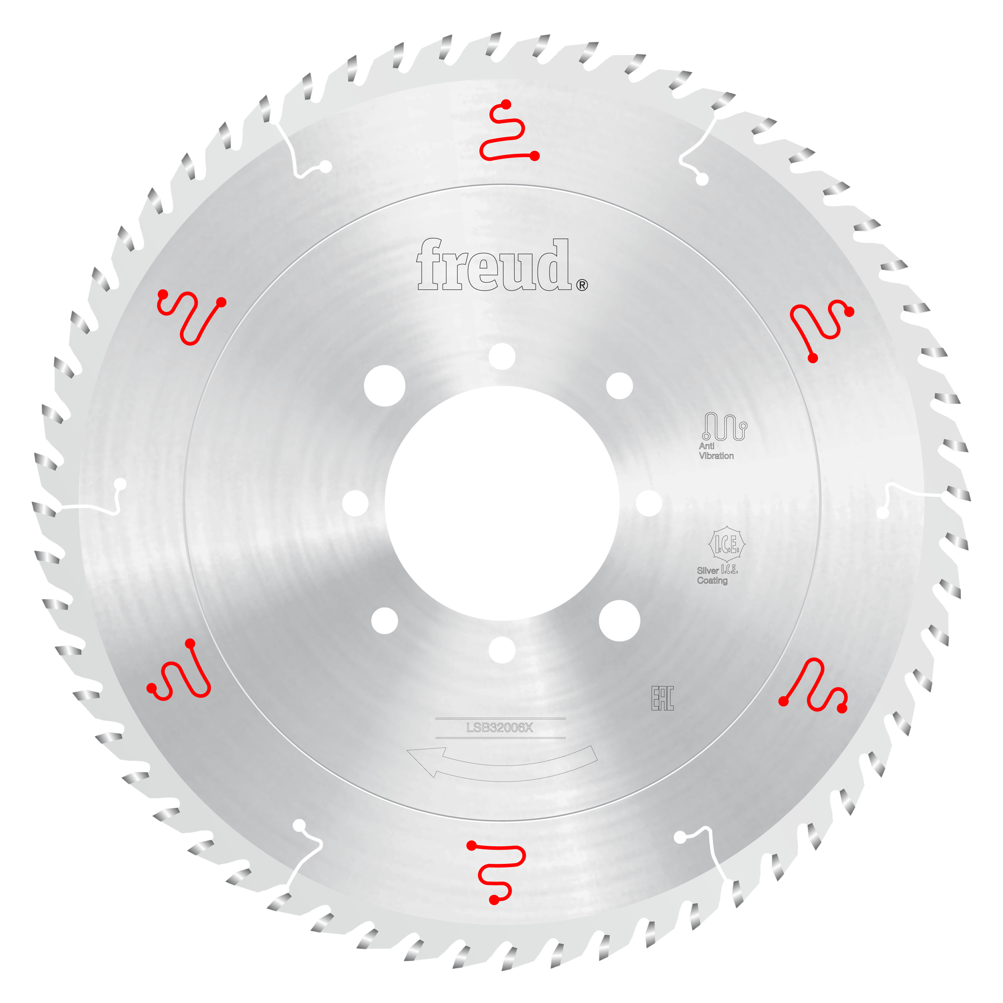 Freud 320mm circular saw blade with silver coating and multiple cutting teeth arranged around the perimeter.