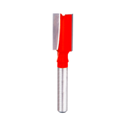Red and silver double flute straight router bit with cylindrical shank and rectangular cutting head.