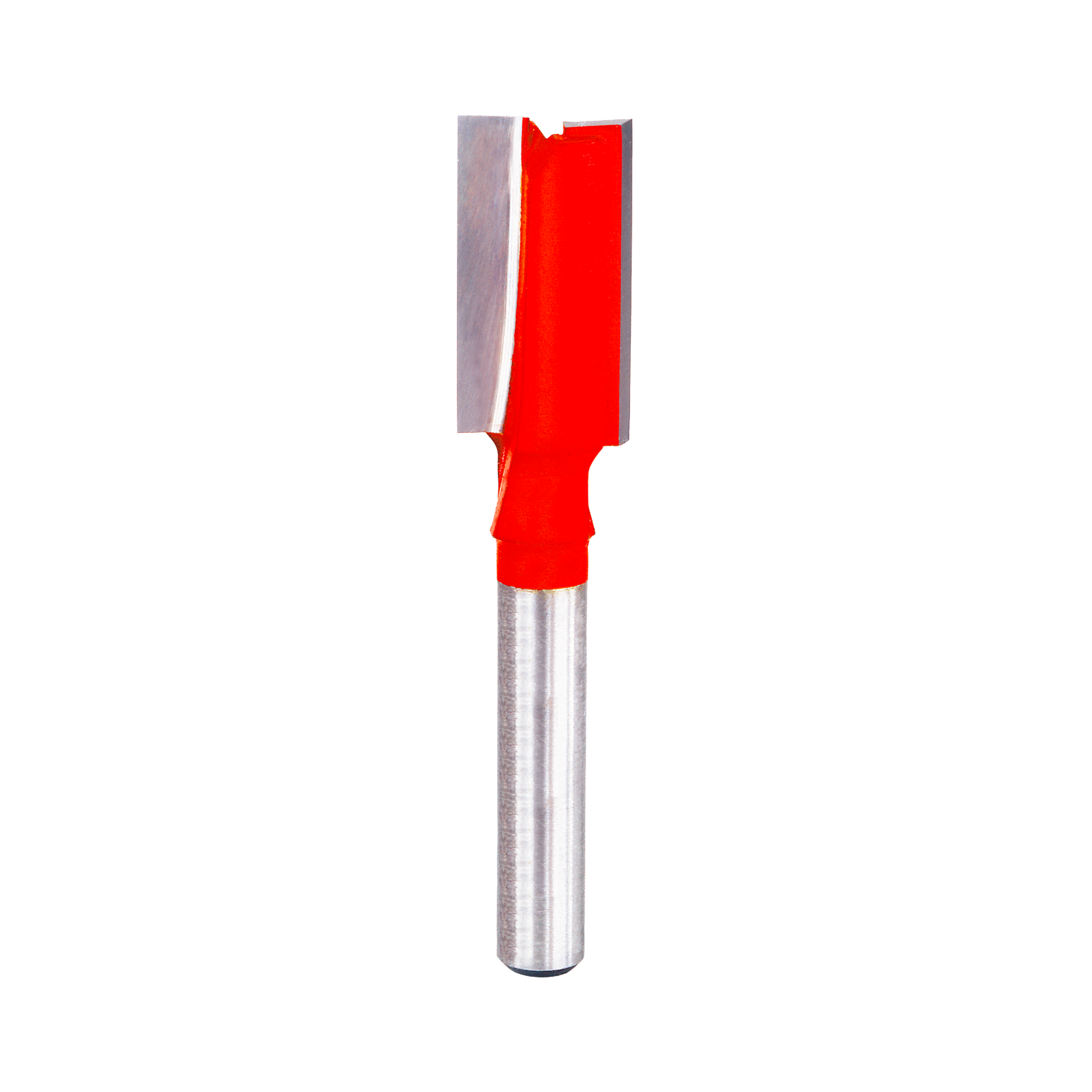 Red and silver double flute straight router bit with cylindrical shank and rectangular cutting head.