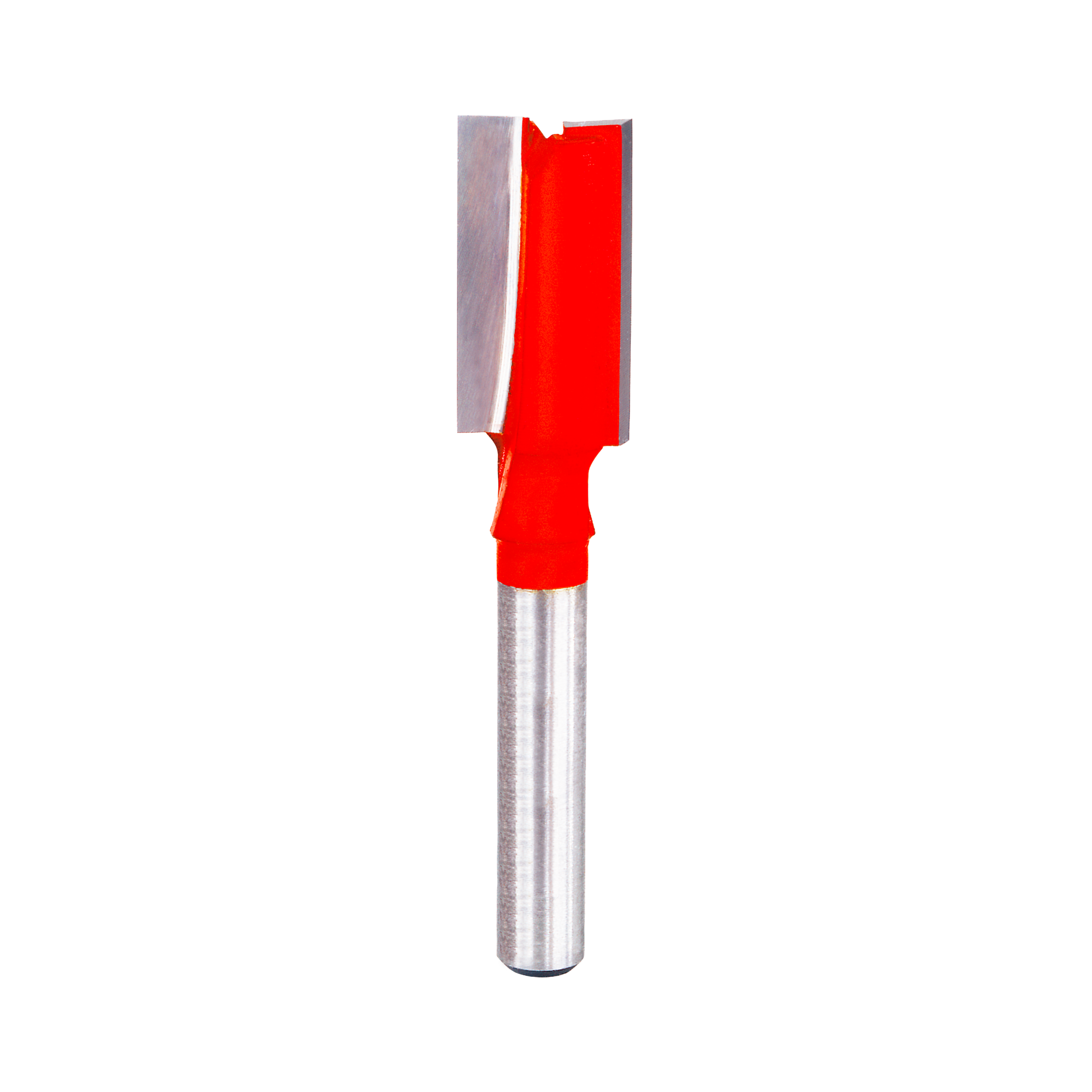 Red and silver double flute straight router bit with cylindrical shank and rectangular cutting head.