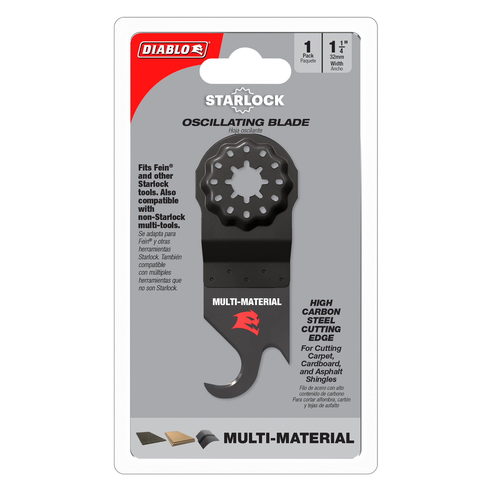 Diablo Starlock 1-1/4 inch black oscillating hook knife blade with high carbon steel cutting edge on retail packaging.