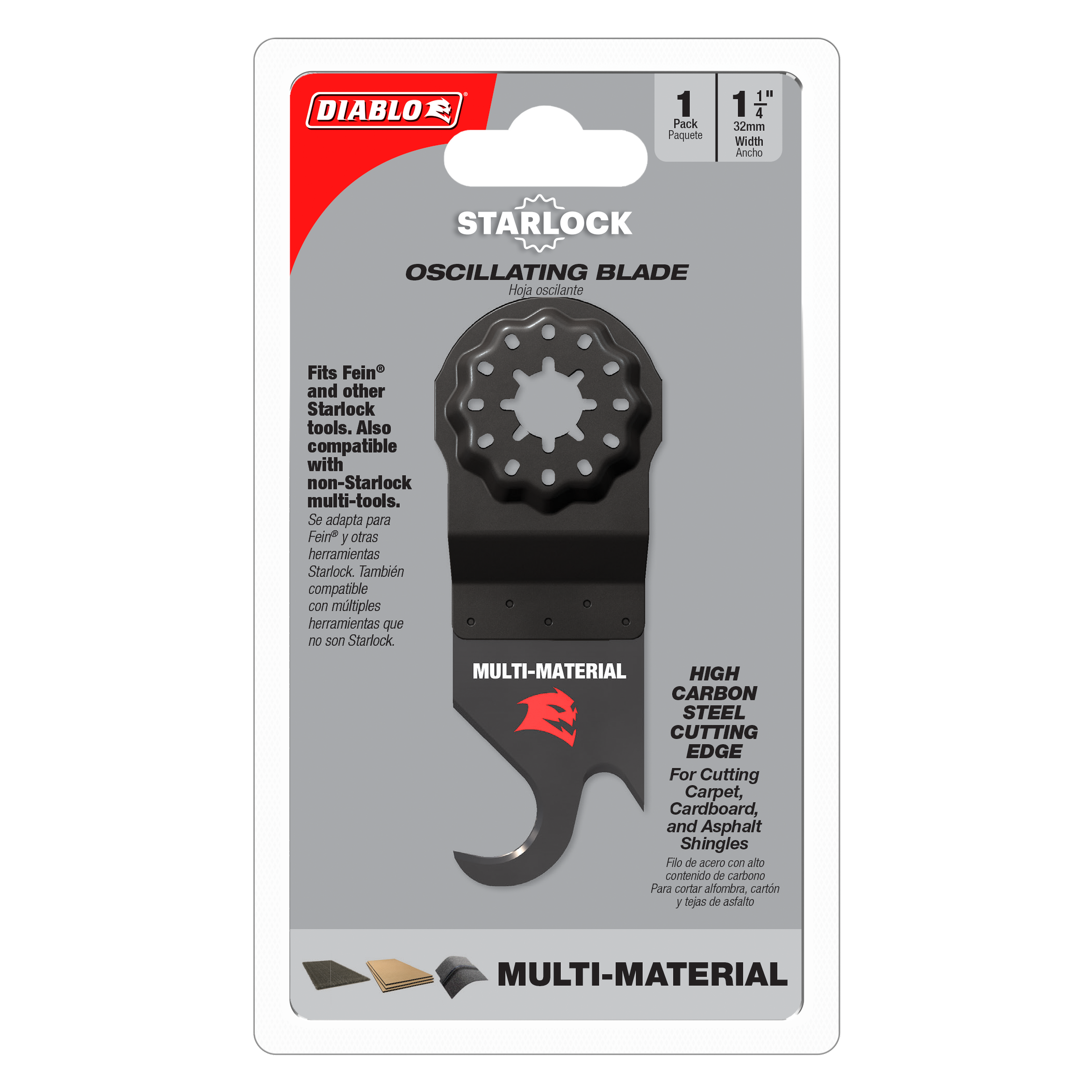 Diablo Starlock 1-1/4 inch black oscillating hook knife blade with high carbon steel cutting edge on retail packaging.