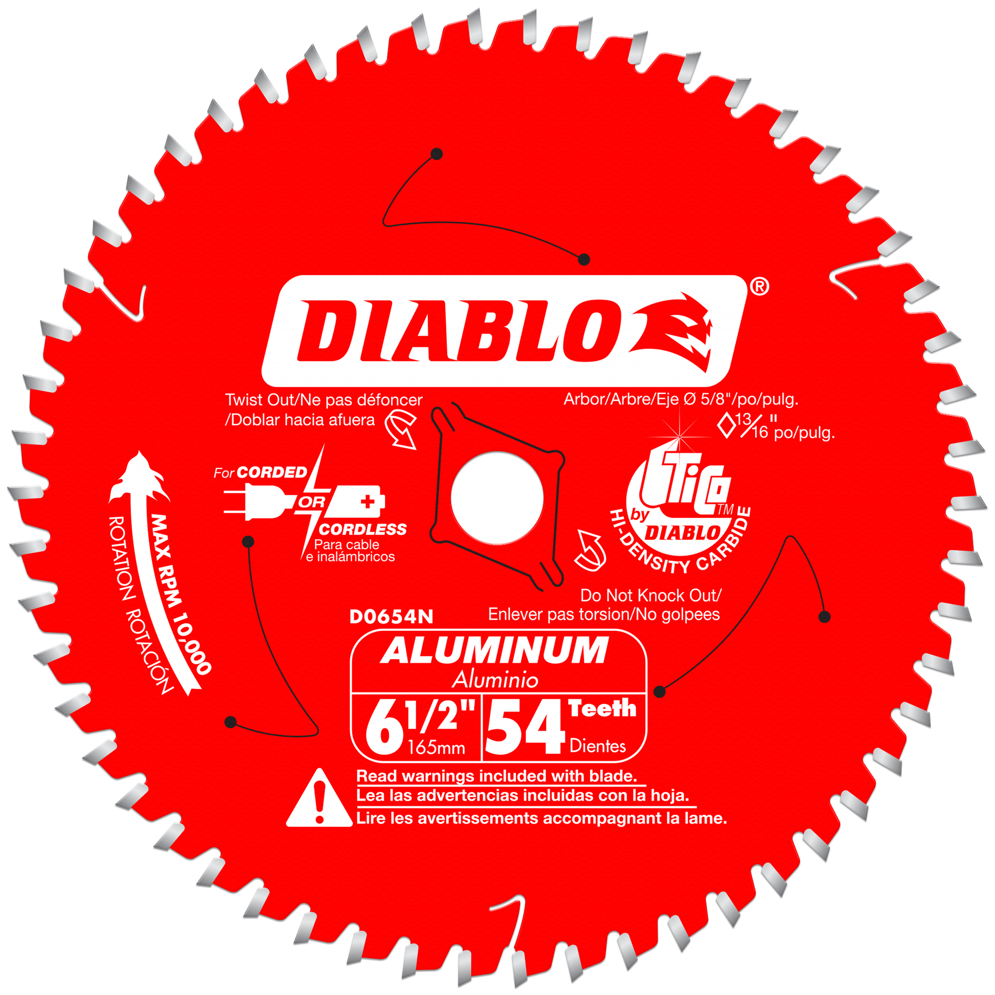 Diablo D0654NA red circular saw blade with 54 silver teeth, white center arbor hole, and multilingual text labeling.