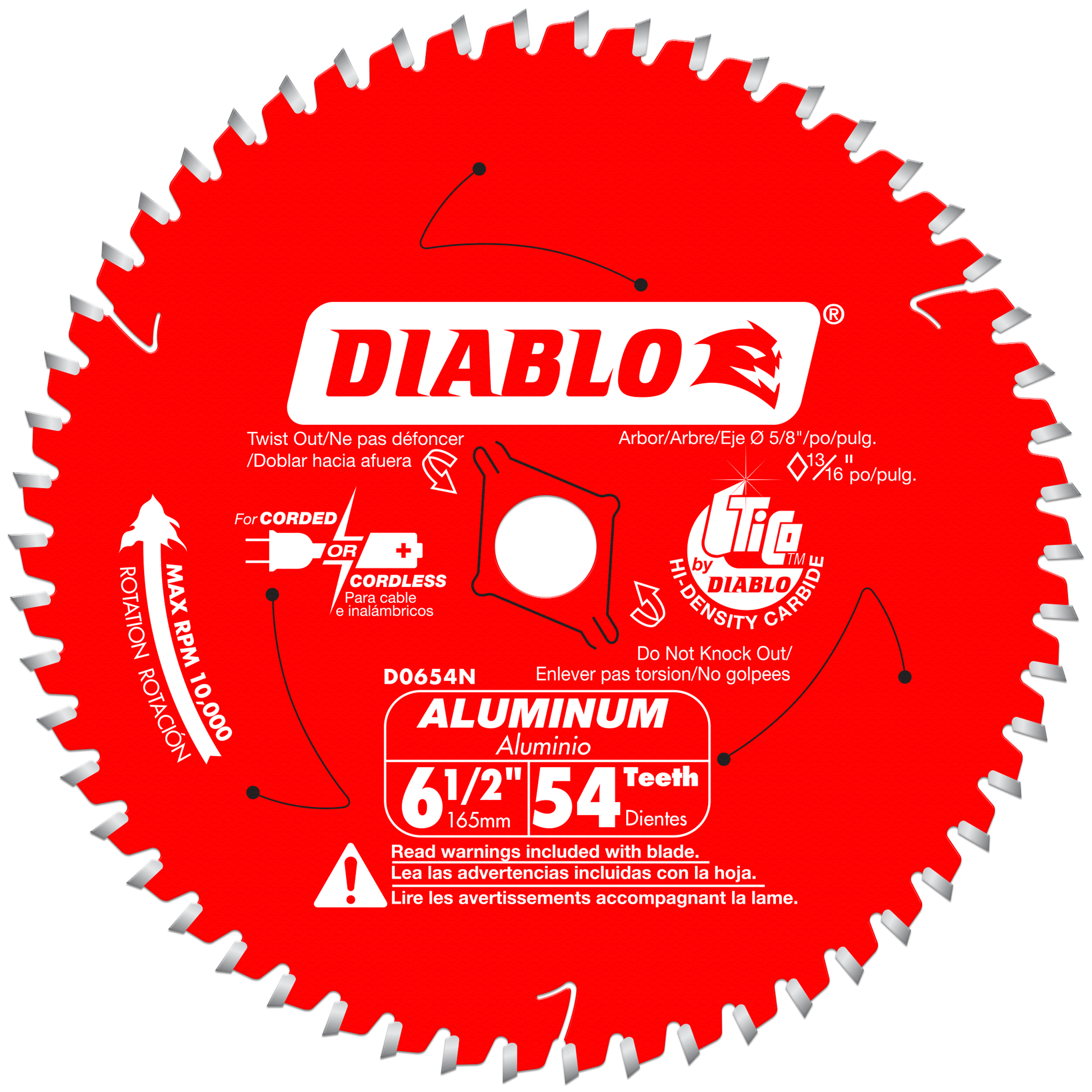 Diablo D0654NA red circular saw blade with 54 silver teeth, white center arbor hole, and multilingual text labeling.