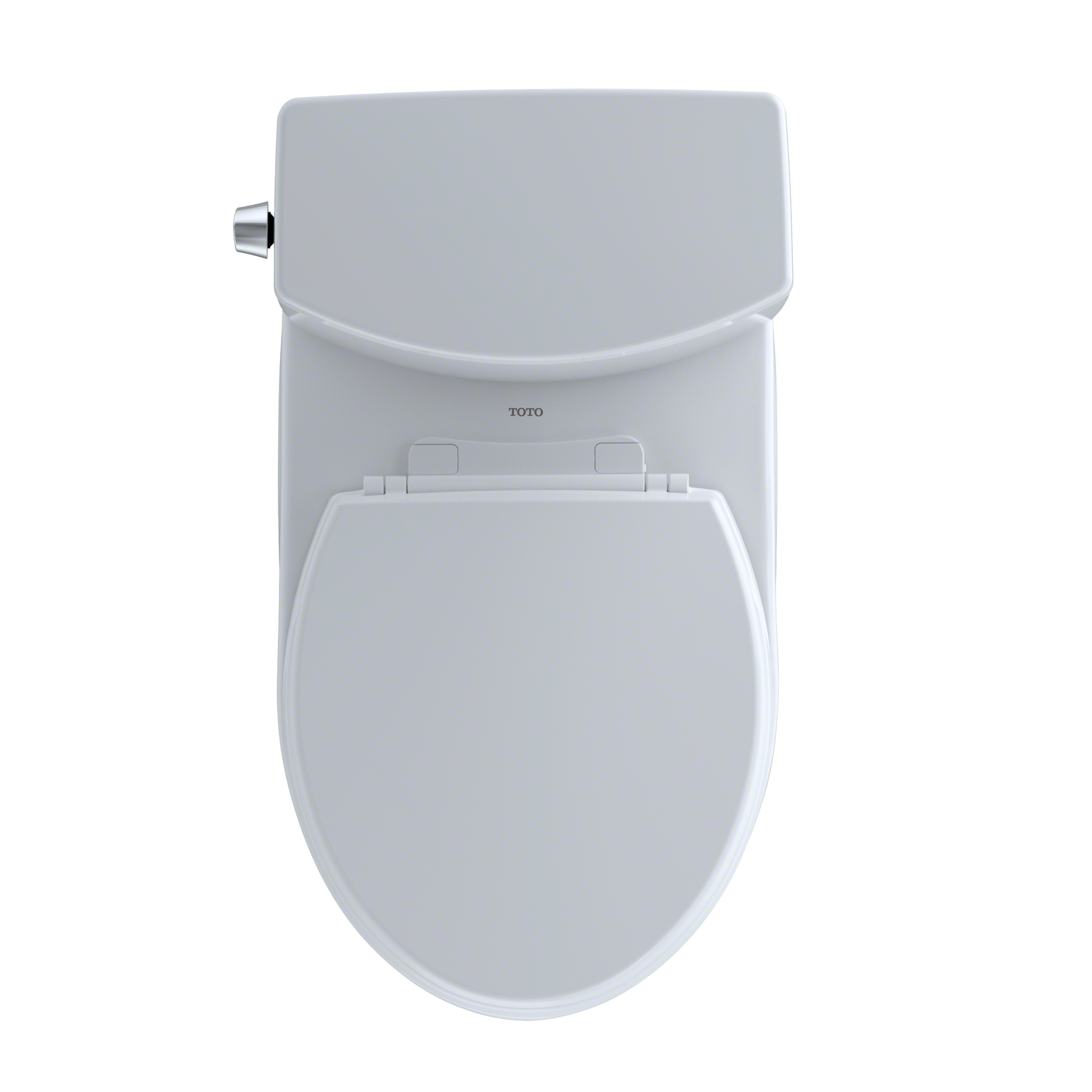 White two-piece toilet with round bowl, closed seat, and chrome supply line connection on left side.