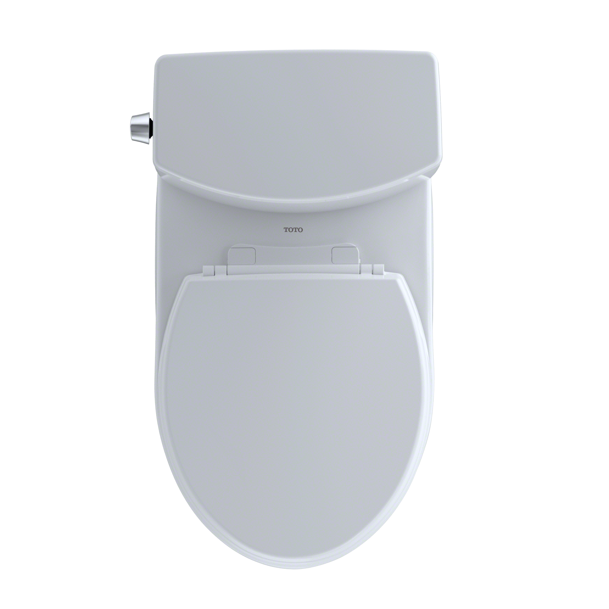 White two-piece toilet with round bowl, closed seat, and chrome supply line connection on left side.
