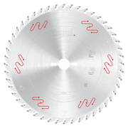 Circular saw blade with carbide-tipped teeth around perimeter, central arbor hole, and red markings on silver surface.