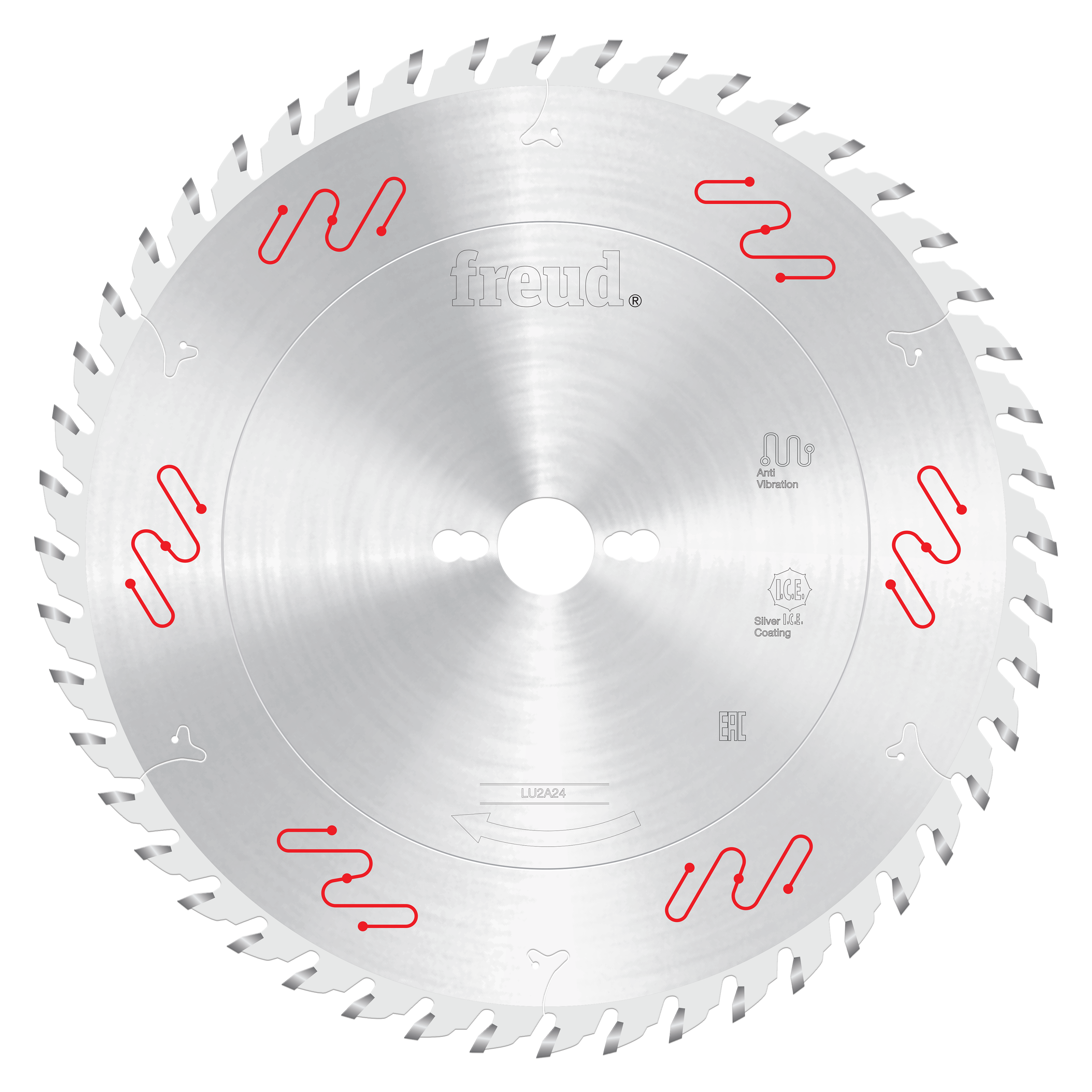 Circular saw blade with carbide-tipped teeth around perimeter, central arbor hole, and red markings on silver surface.