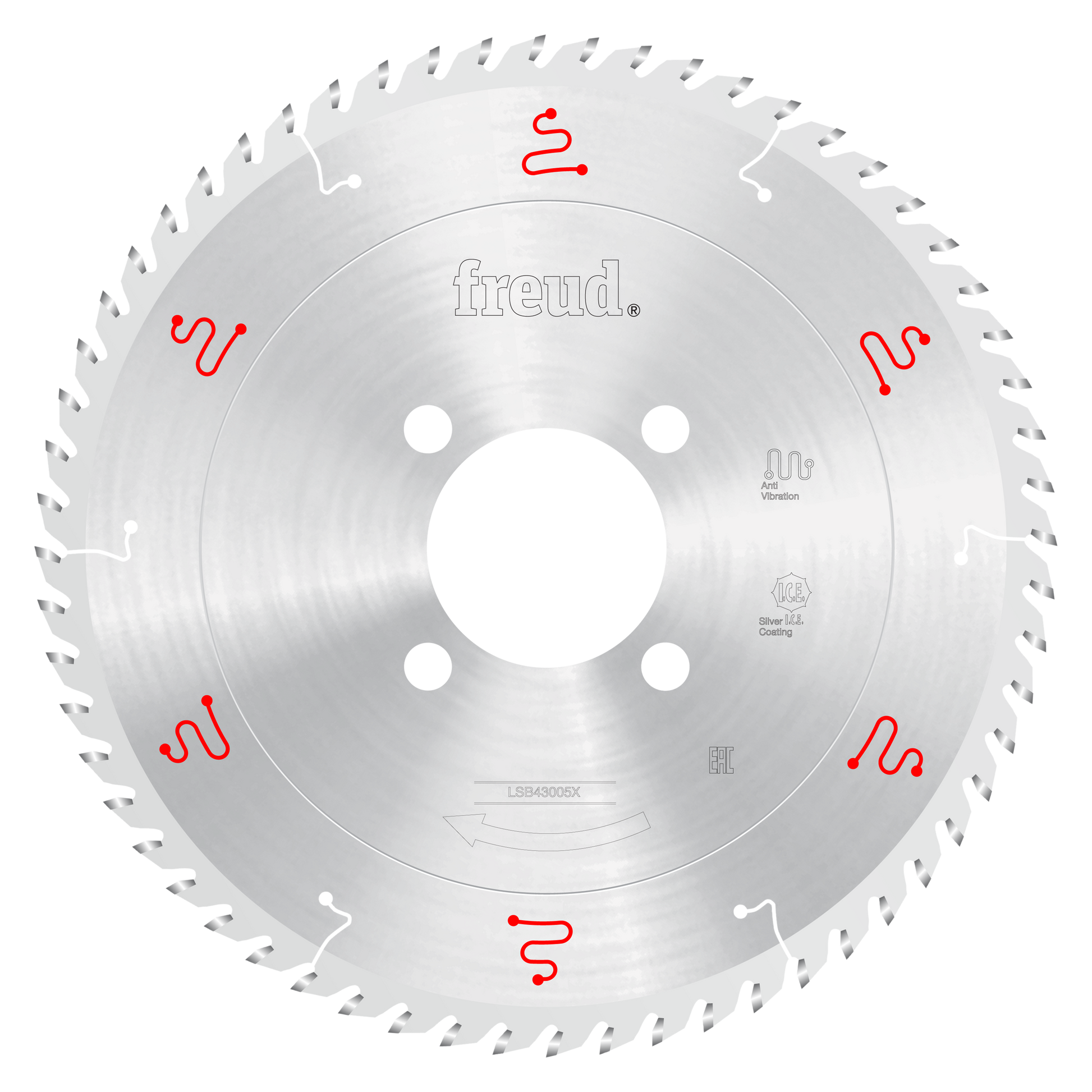 Freud 430mm circular saw blade with silver coating, four mounting holes, and teeth around perimeter for panel sizing.
