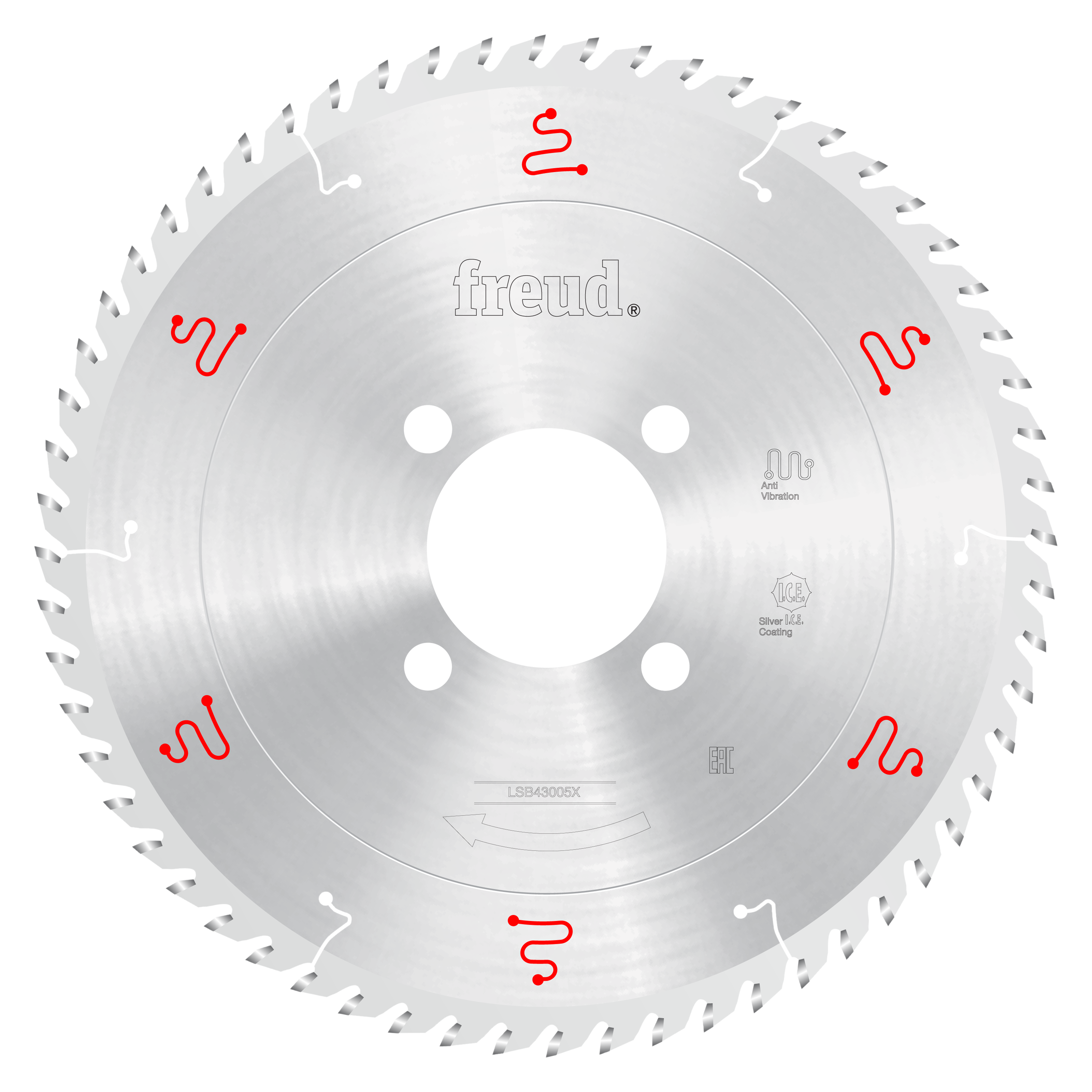 Freud 430mm circular saw blade with silver coating, four mounting holes, and teeth around perimeter for panel sizing.