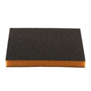 Two-sided sanding sponge with black coarse grit surface and orange foam backing.