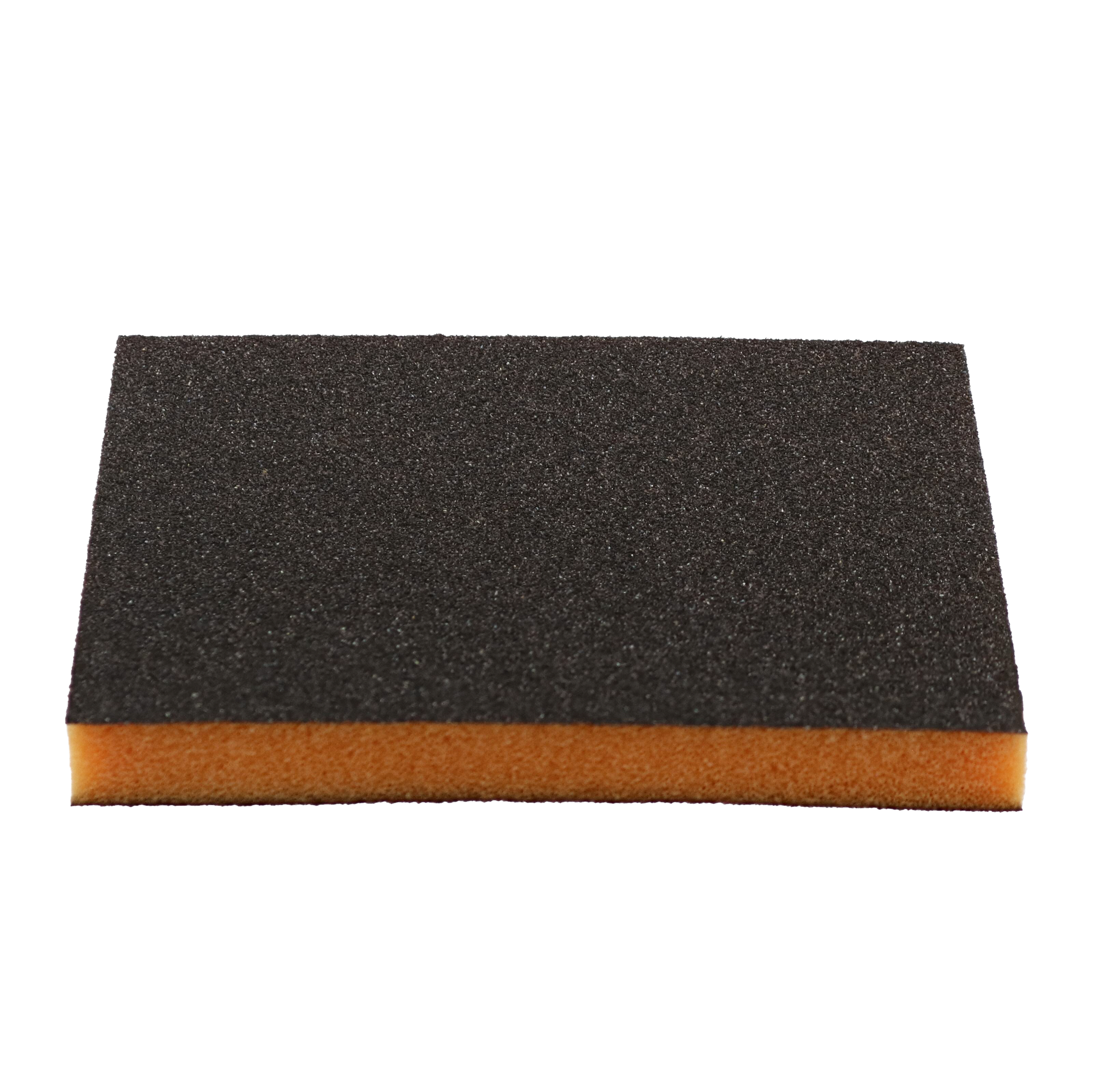 Two-sided sanding sponge with black coarse grit surface and orange foam backing.