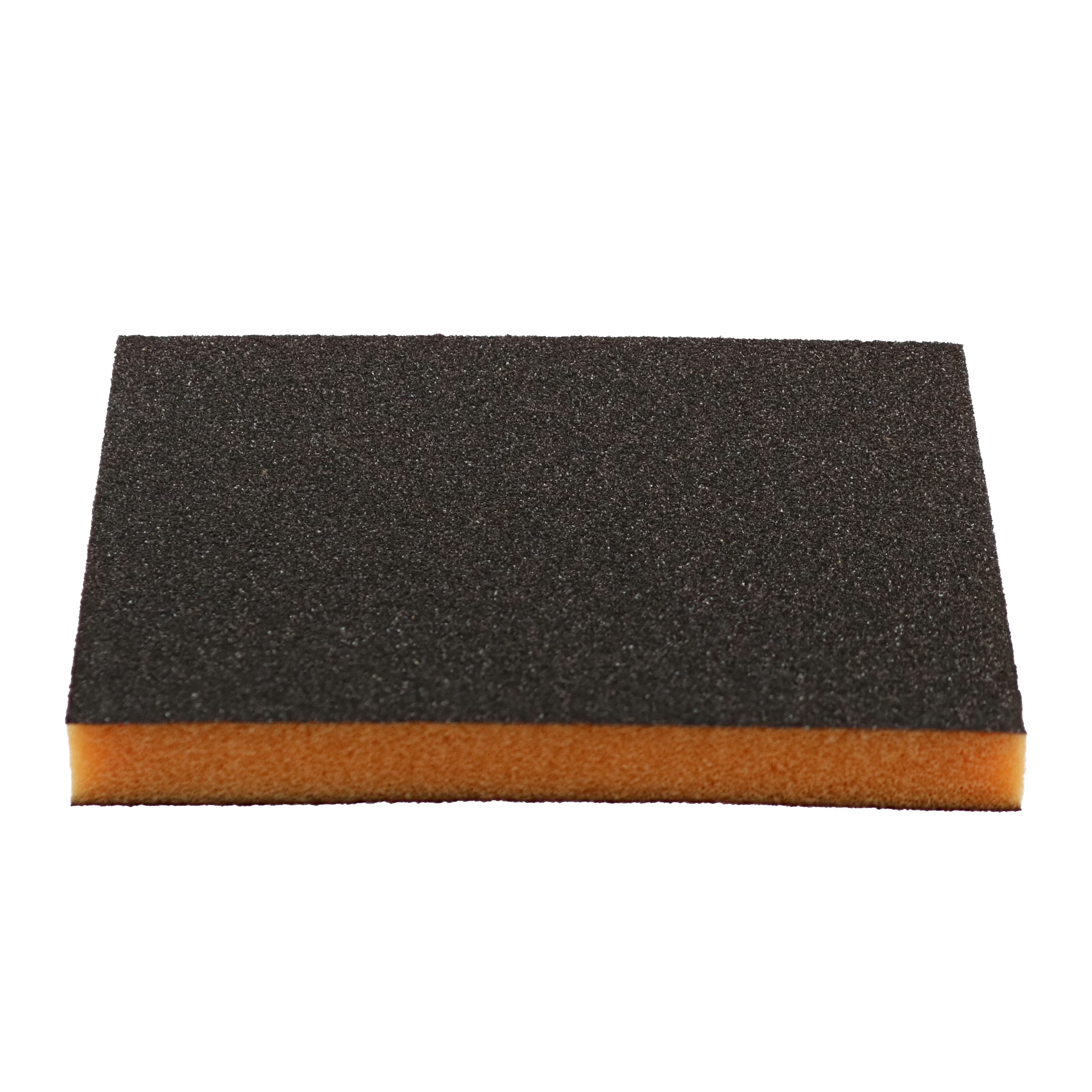 Two-sided sanding sponge with black coarse grit surface and orange foam backing.