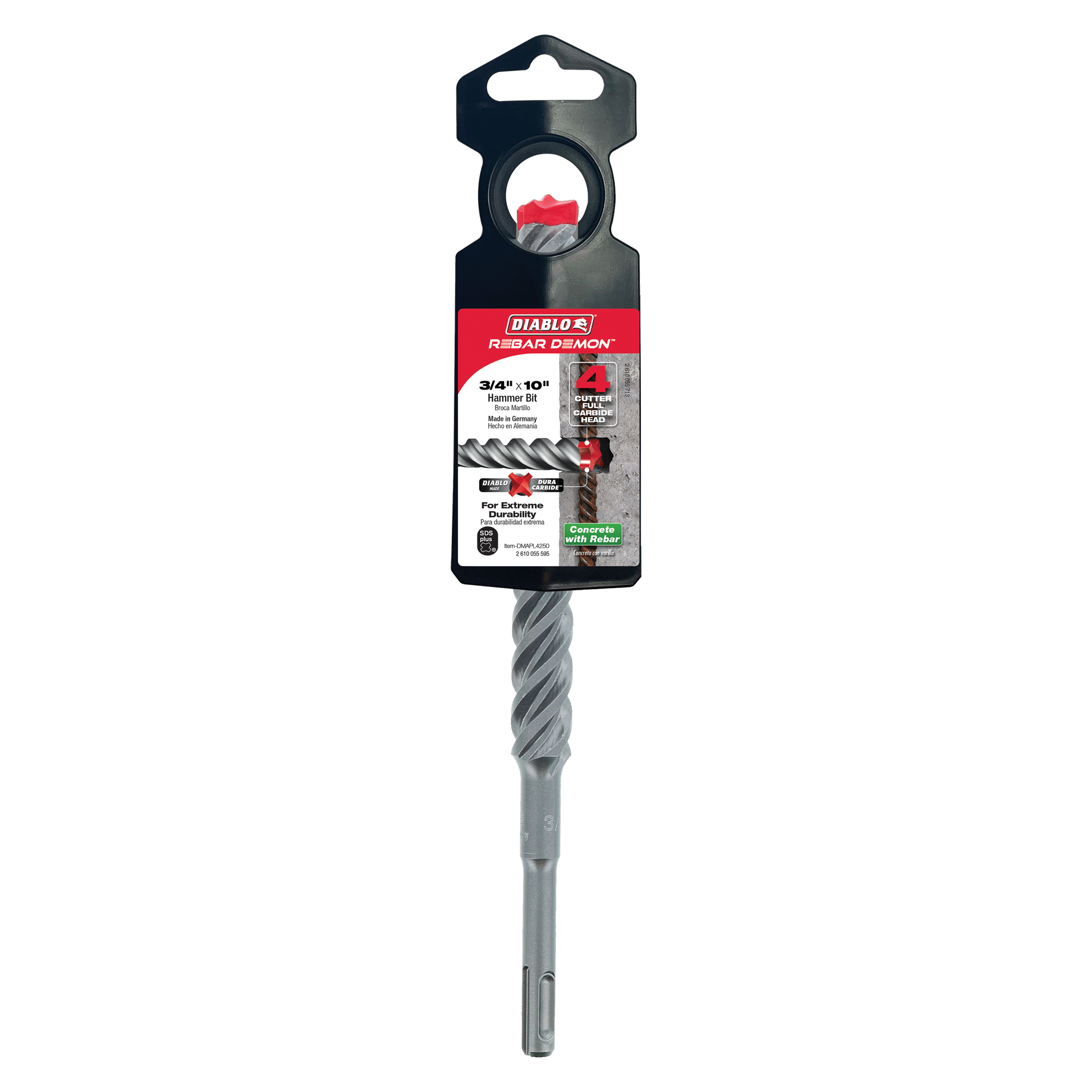 Diablo Rebar Demon SDS-Plus hammer drill bit with carbide head and black packaging, 3/4 inch diameter.