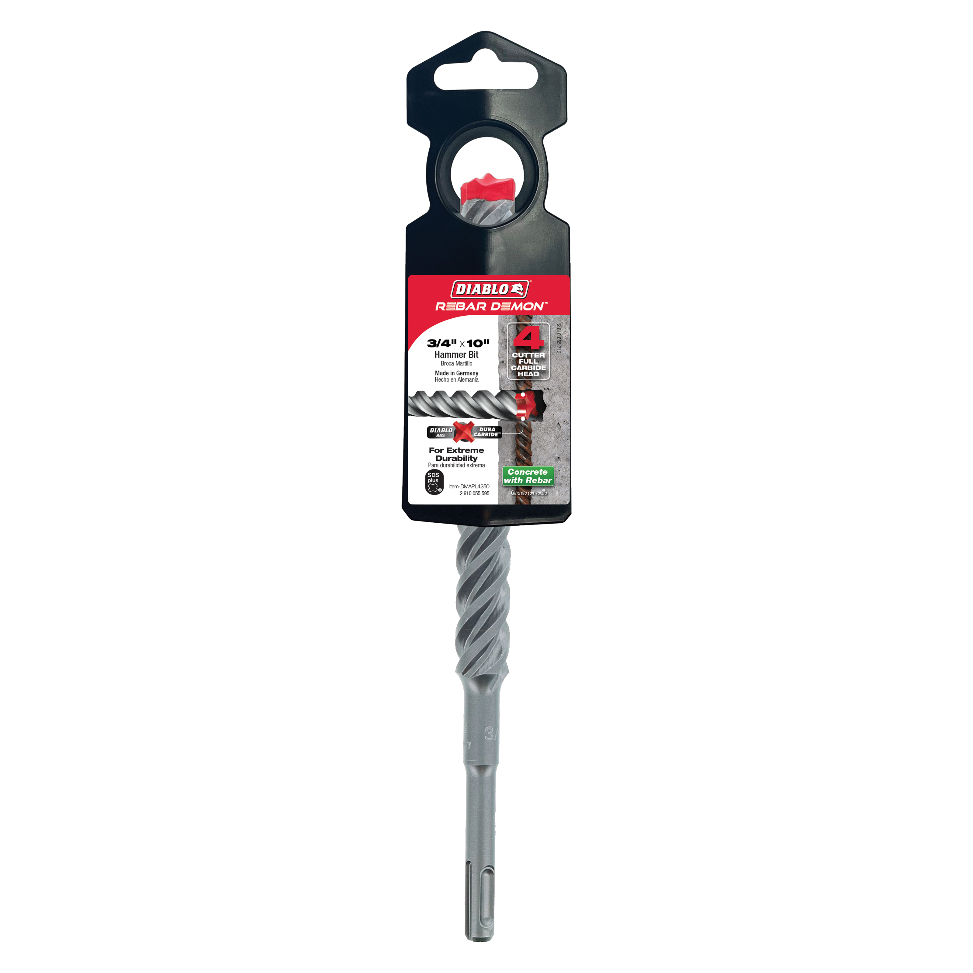 Diablo Rebar Demon SDS-Plus hammer drill bit with carbide head and black packaging, 3/4 inch diameter.
