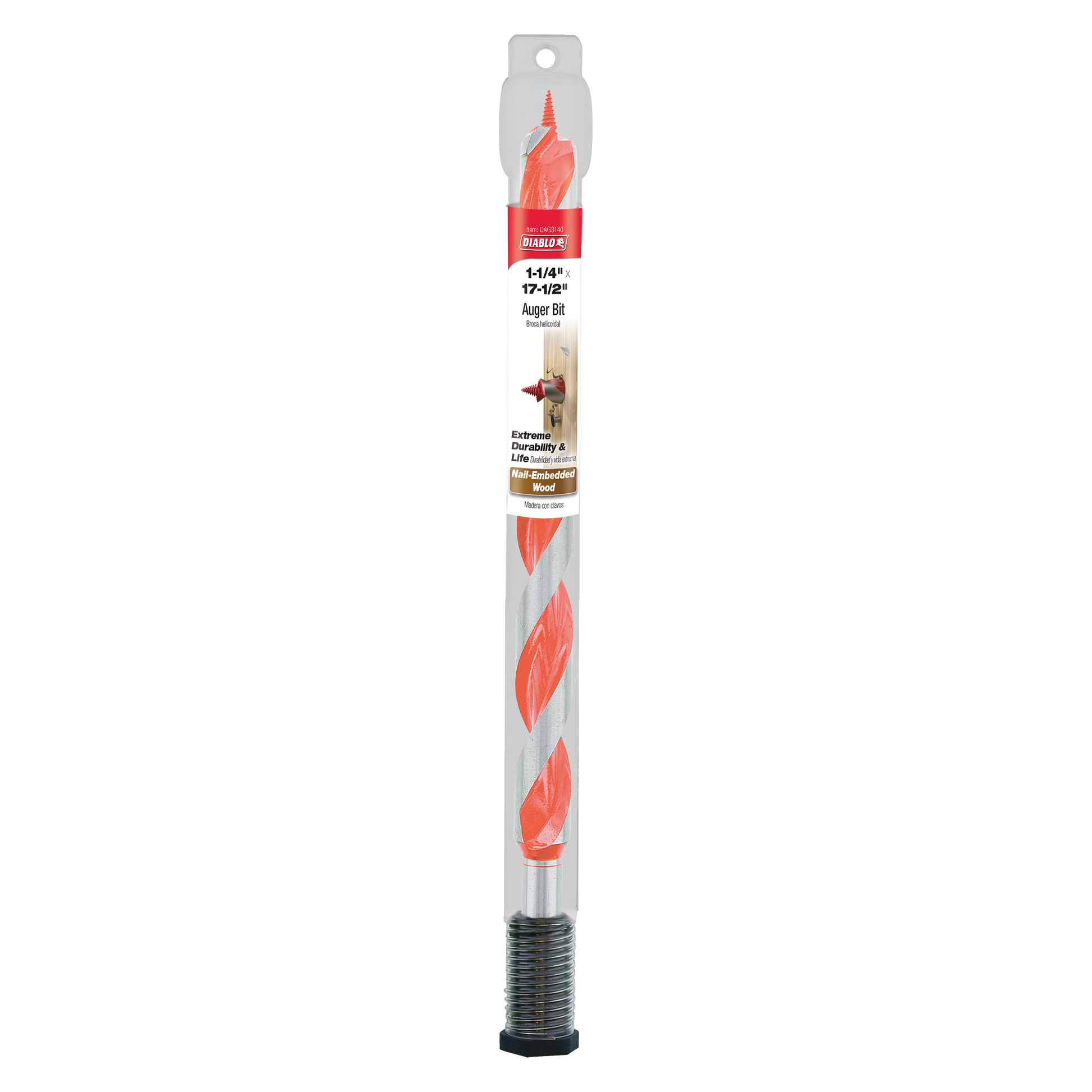 Diablo 1-1/4 in. auger bit with red spiral flutes, threaded base, and gray packaging with product label.