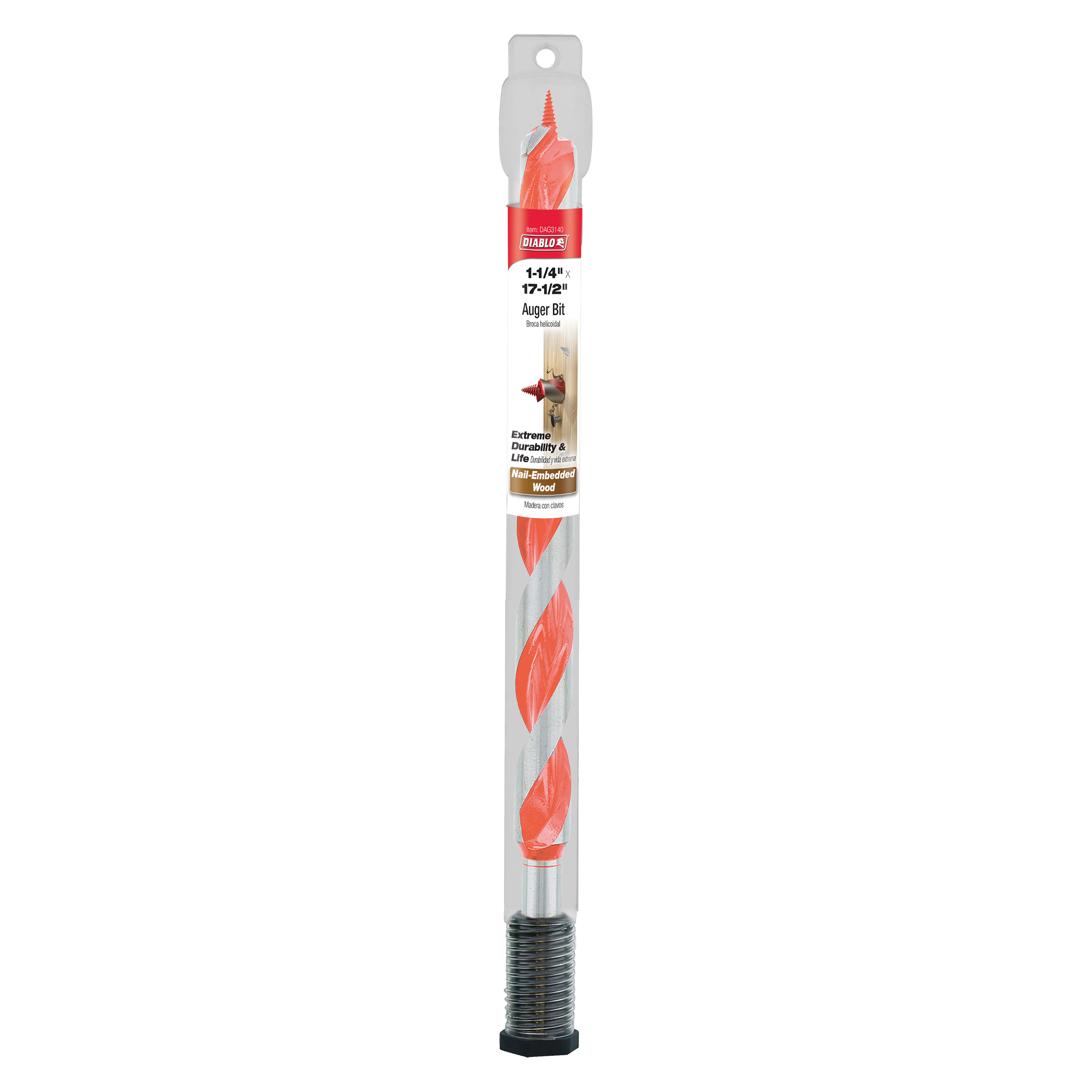Diablo 1-1/4 in. auger bit with red spiral flutes, threaded base, and gray packaging with product label.