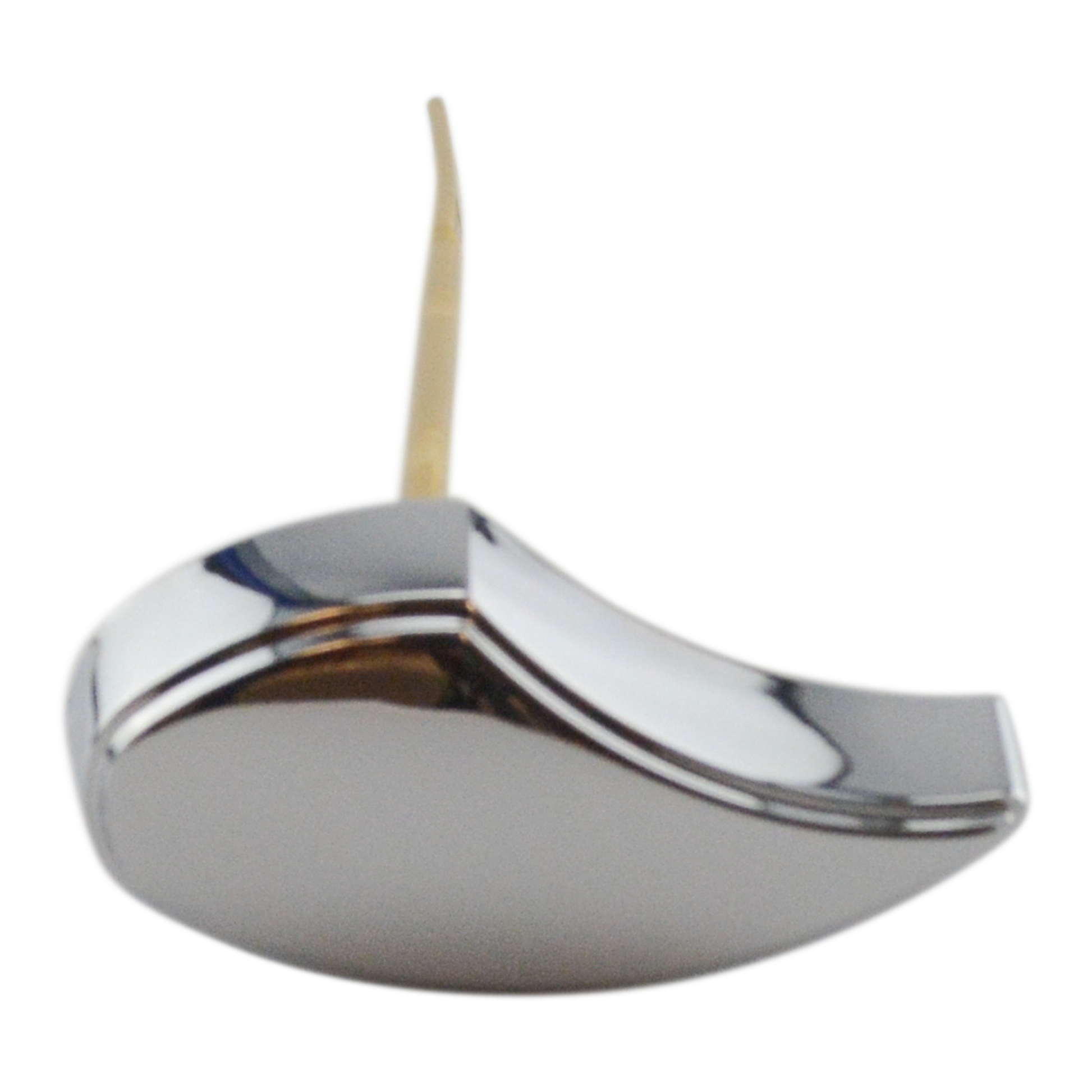 Polished chrome toilet trip lever with curved handle and beige stem on white base.