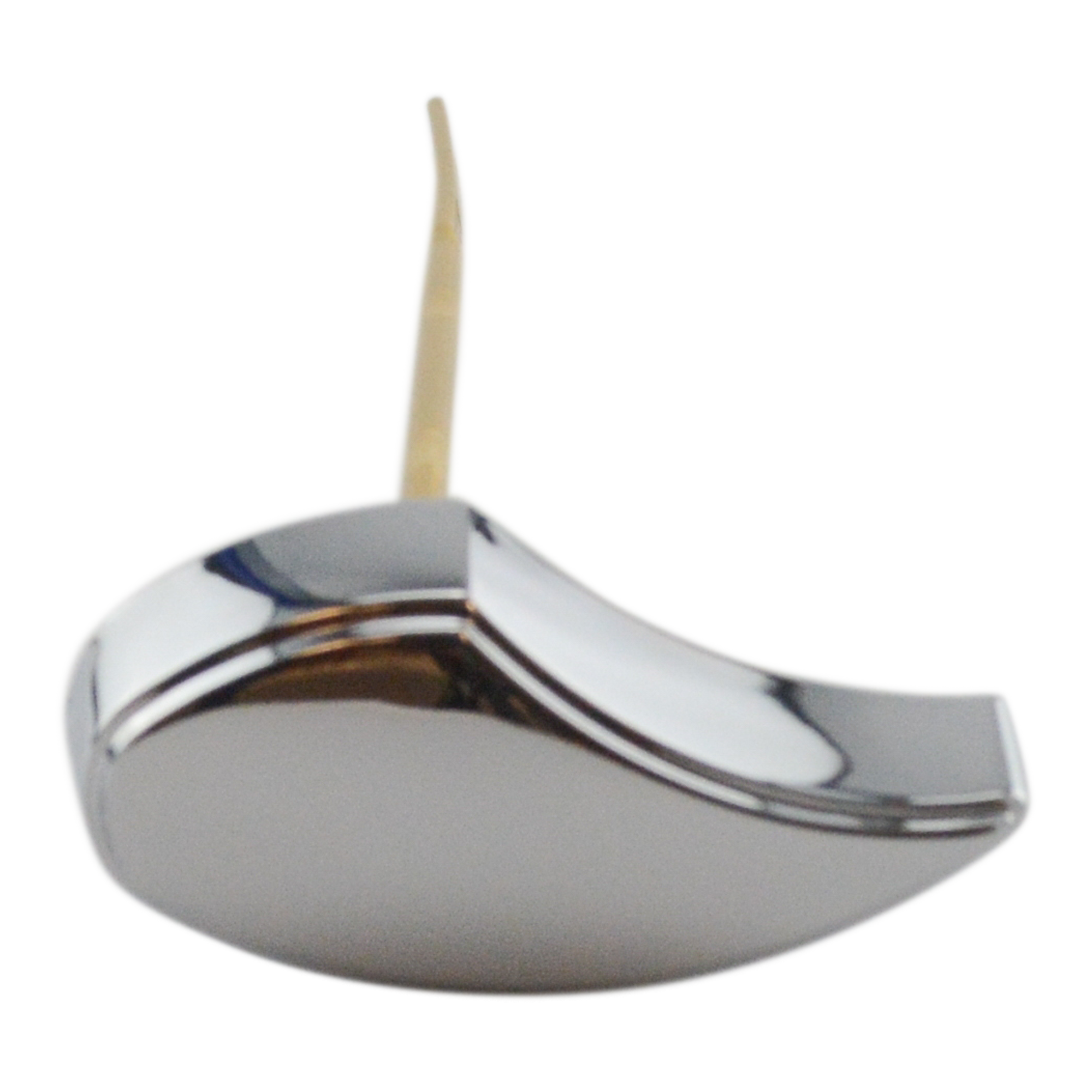 Polished chrome toilet trip lever with curved handle and beige stem on white base.