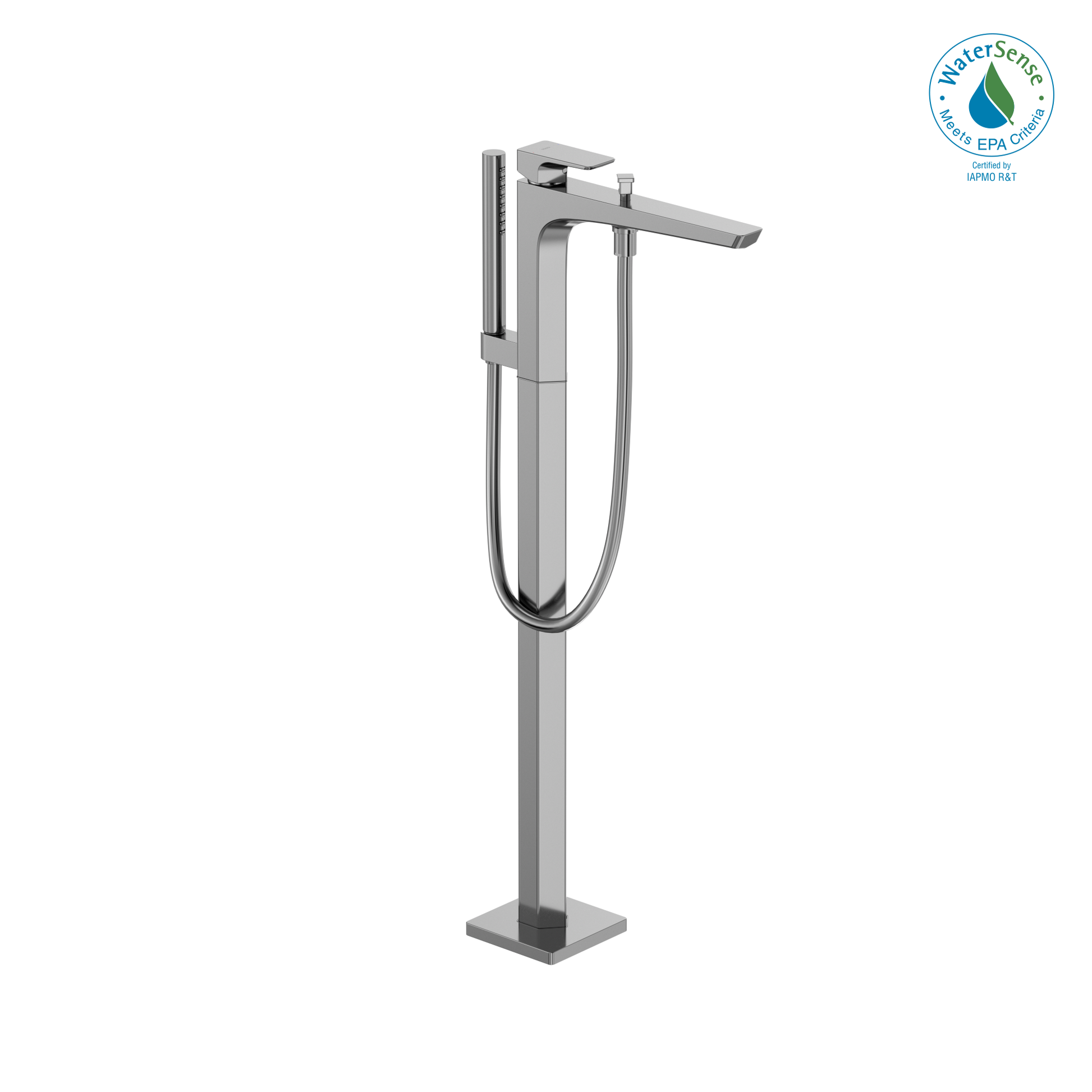 Polished chrome freestanding tub filler with single handle, curved spout, and attached handshower with hose.