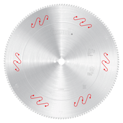 Circular aluminum saw blade with fine teeth around edge, central mounting hole, and red wavy cutting pattern markers on silve