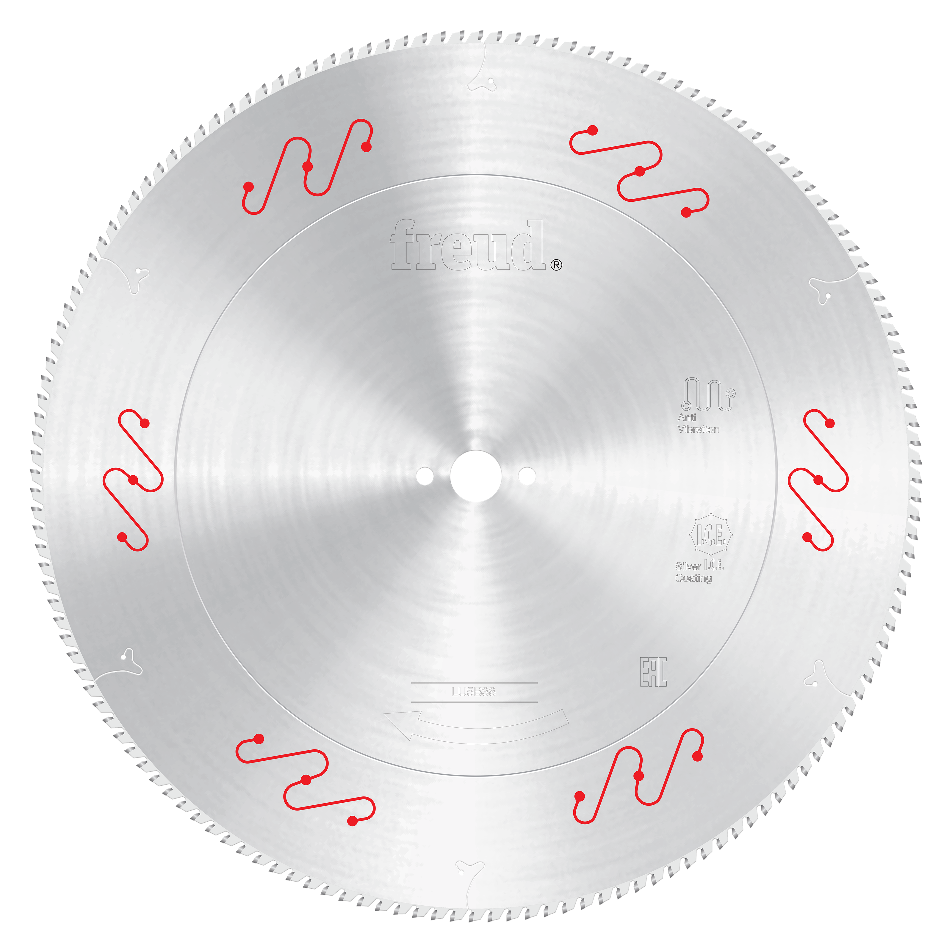 Circular aluminum saw blade with fine teeth around edge, central mounting hole, and red wavy cutting pattern markers on silve
