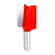 Red and silver router bit with two flutes and cylindrical shank, 1-1/4" diameter straight cutting head.